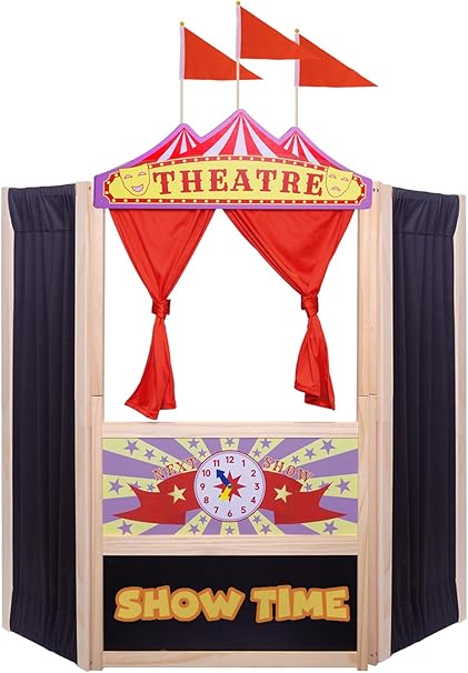 Puppet Theater,Large Size 44 Inch X 45 Inch,Wooden Puppet Theater,Double Doors with Curtains,Blackboard and Clocks,12 Piece Colorful Chalks Included
