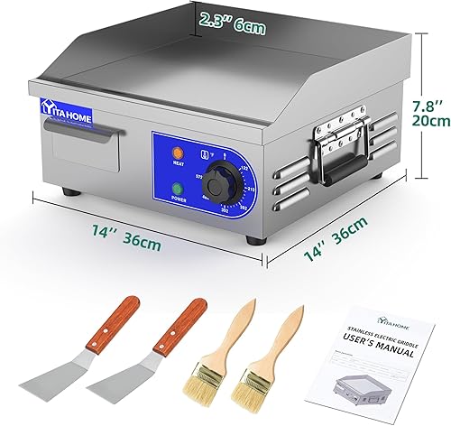 Miniatura 6 de YITAHOME Plancha eléctrica comercial de 14 pulgadas con mango de resorte, plancha comercial de 1500 W, parrilla Teppanyaki comercial antiadherente