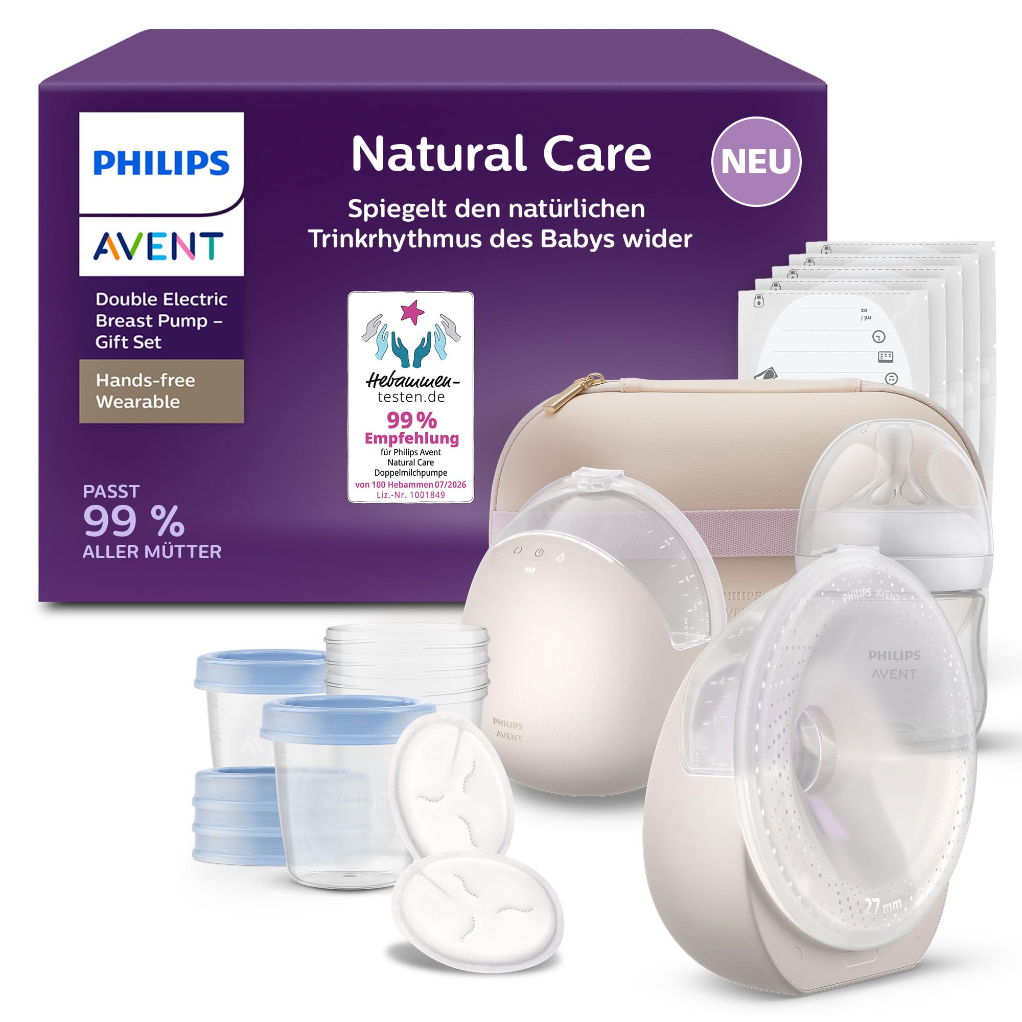 Philips Avent Natural Care Hands-free tragbare elektrische Doppelmilchpumpe – spiegelt den Trinkrhythmus des Babys wider, SkinSense Brustkissen für ultimativen Komfort, Krankenhausqualität, SCD596/21