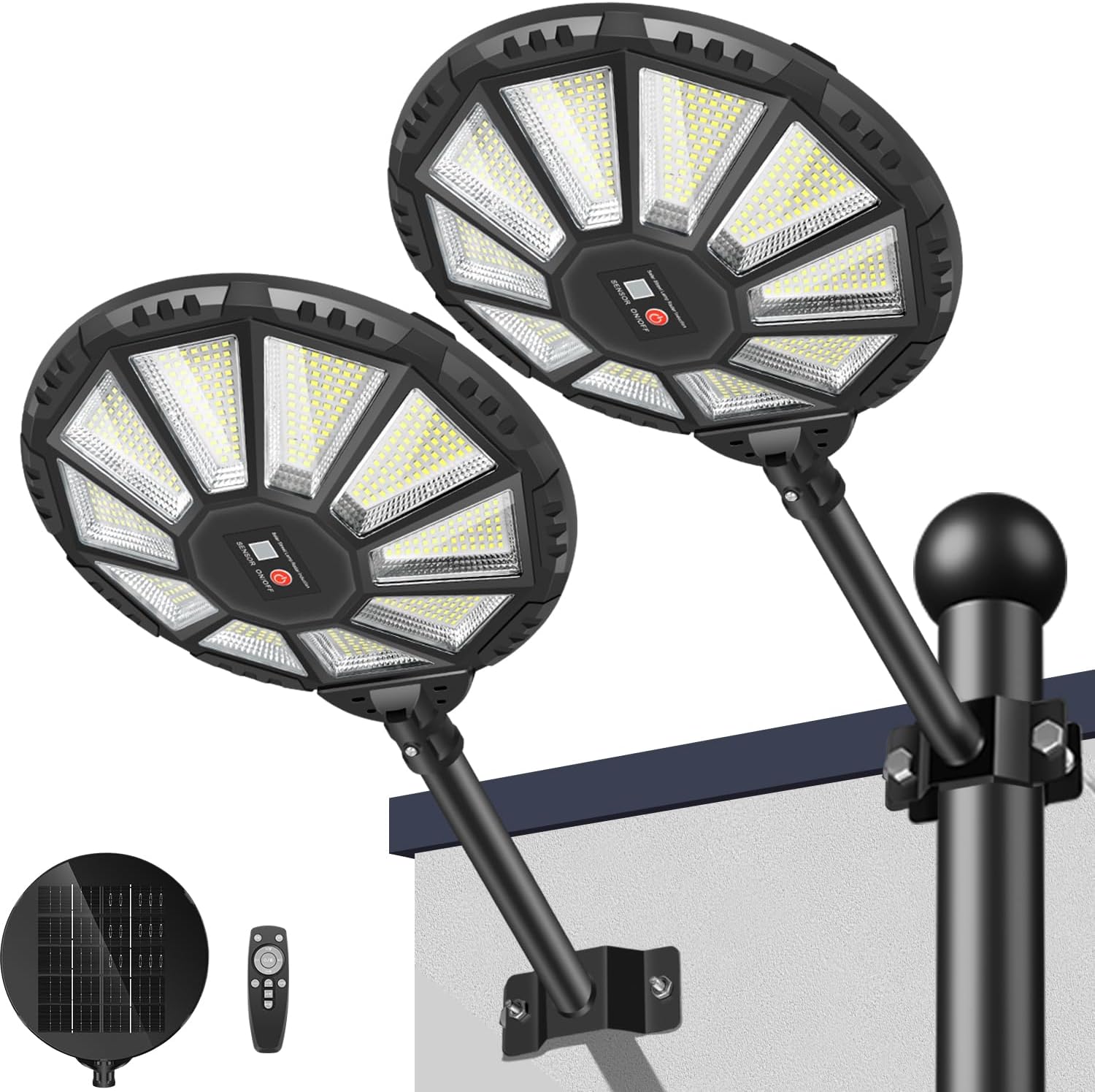 Solar Lights Outdoor, Super Bright LED Street Lights with Motion Sensor, 6500K IP66 Waterproof 10-Sided Flood Light, Dusk to Dawn Auto On/Off for Yard, Porches, and garages (2 Pack)