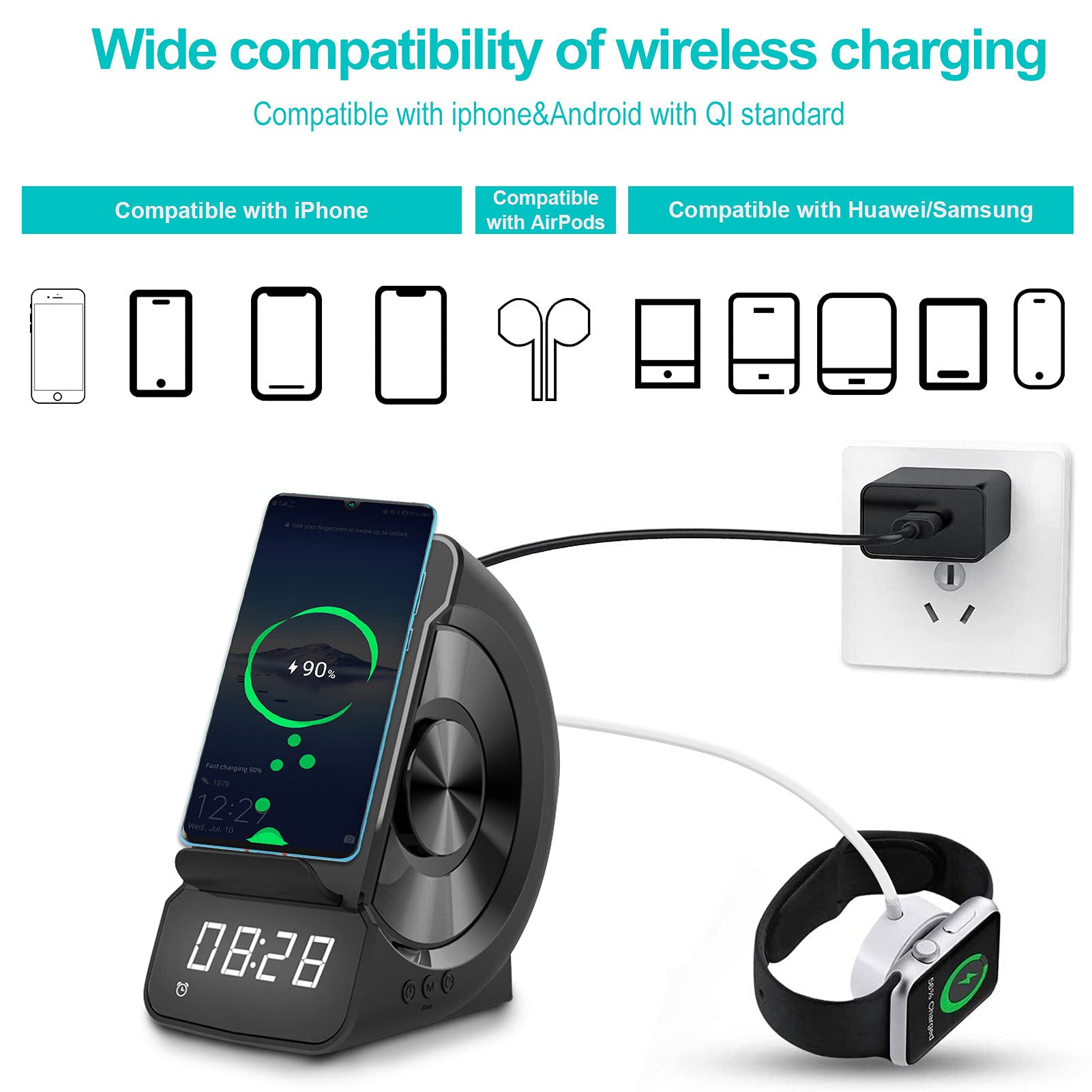 Cargador inalámbrico WD-200 Altavoz compatible con Bluetooth Pantalla LED digital Reloj despertador Estación de carga de radio con soporte para el dormitorio y la oficina