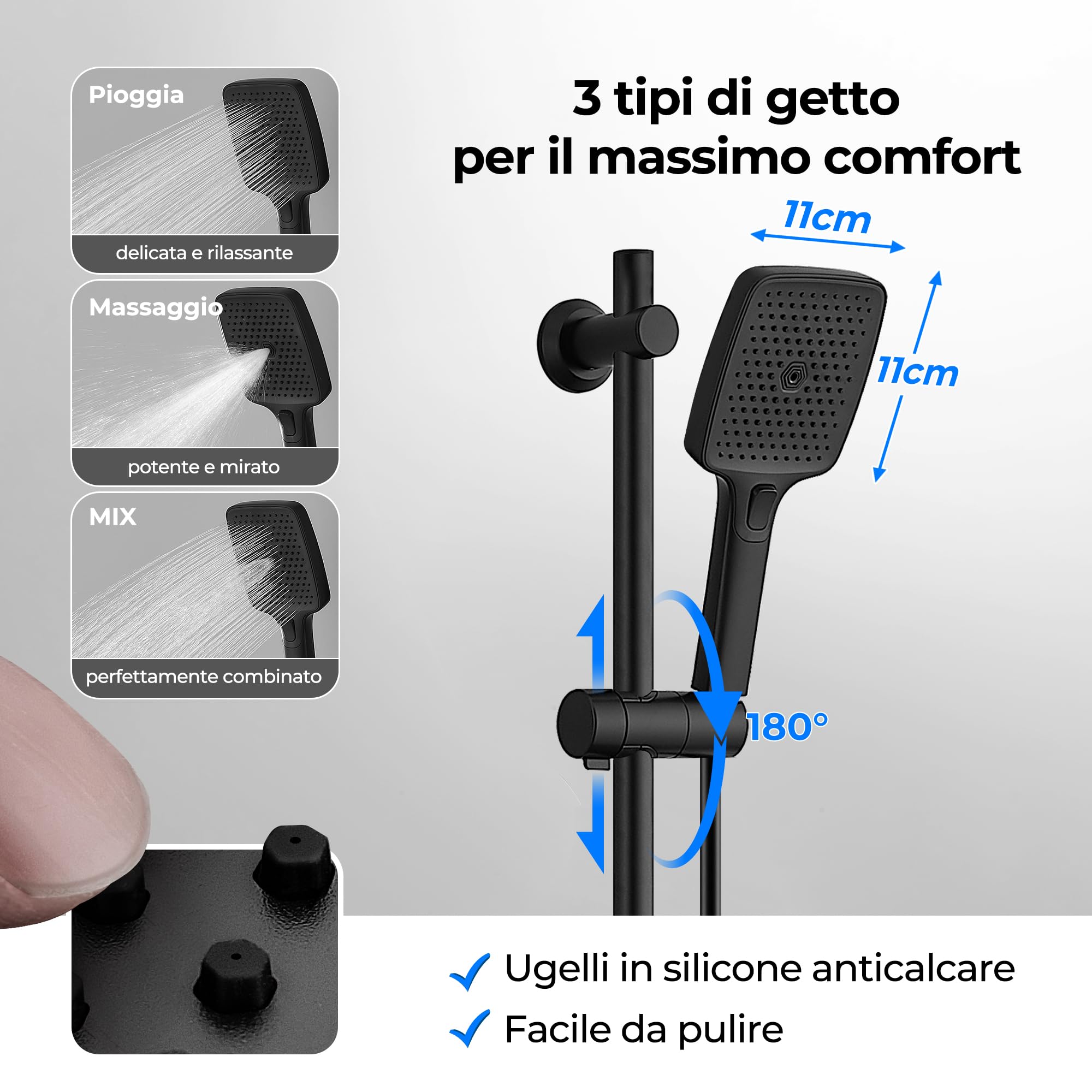 JOHO Colonna Doccia Senza Miscelatore, Asta Doccia Acciaio Inox 70 cm con Supporto Soffione Regolabile, Saliscendi Doccia Adattarsi ai Fori Esistenti con Doccetta 3 Geti e Mensola, Nero