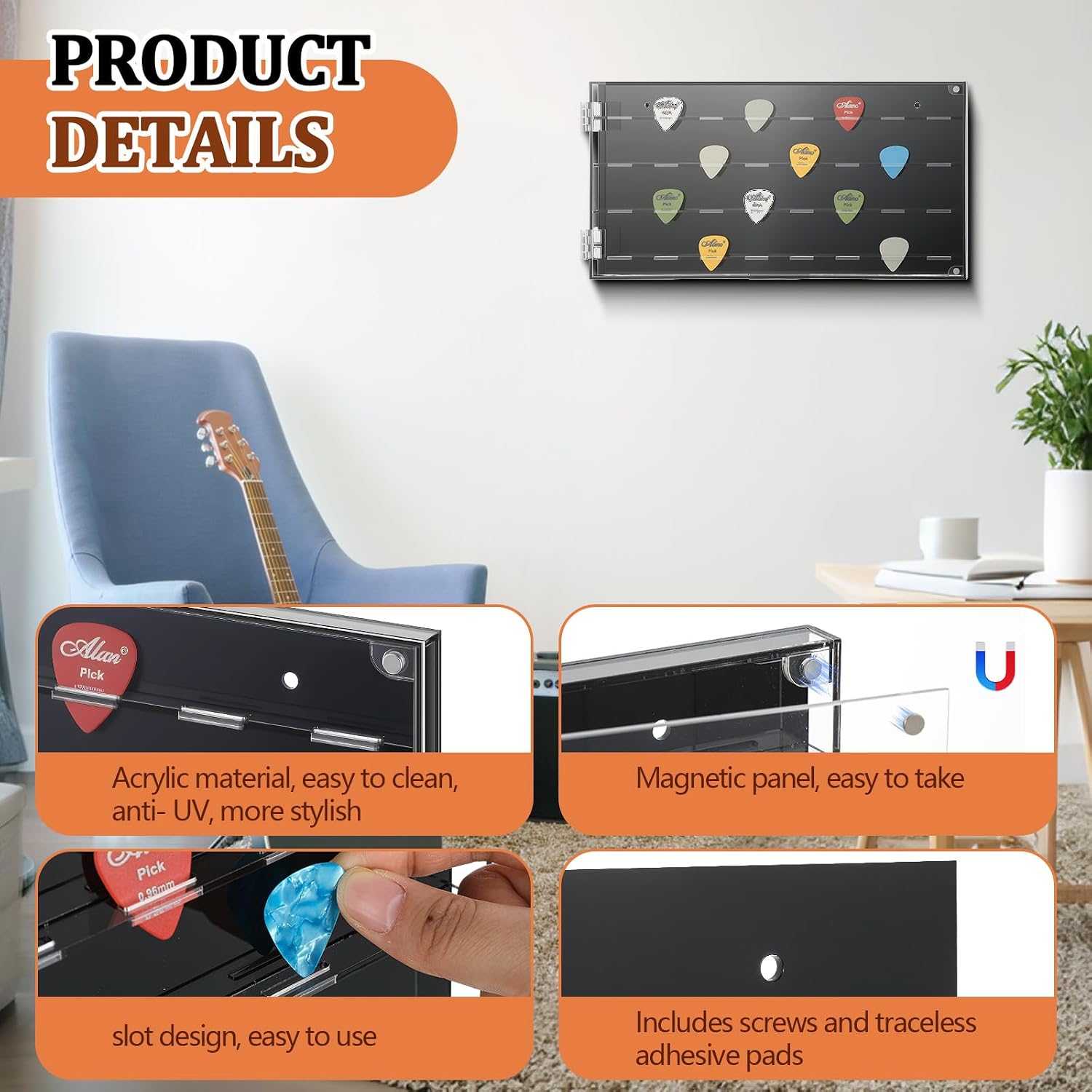 32 Slots Guitar Pick Wall Mount Display Case 12.4" x 6.7" Acrylic Guitar Picks Storage Holder Box Black Music Accessories Gifts for Musician Lover Player Room Desktop Decor No Picks