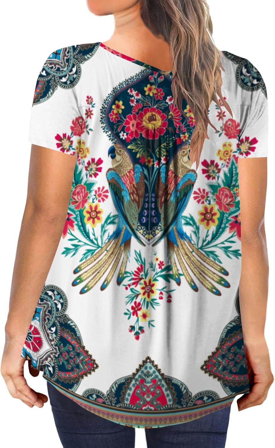 BeadChica Women's Plus Size Tunic Tops Casual Flowy Tshirts Ruched Botton Up Short Sleeve Blouses-Floral-2XL White Color - Image 3