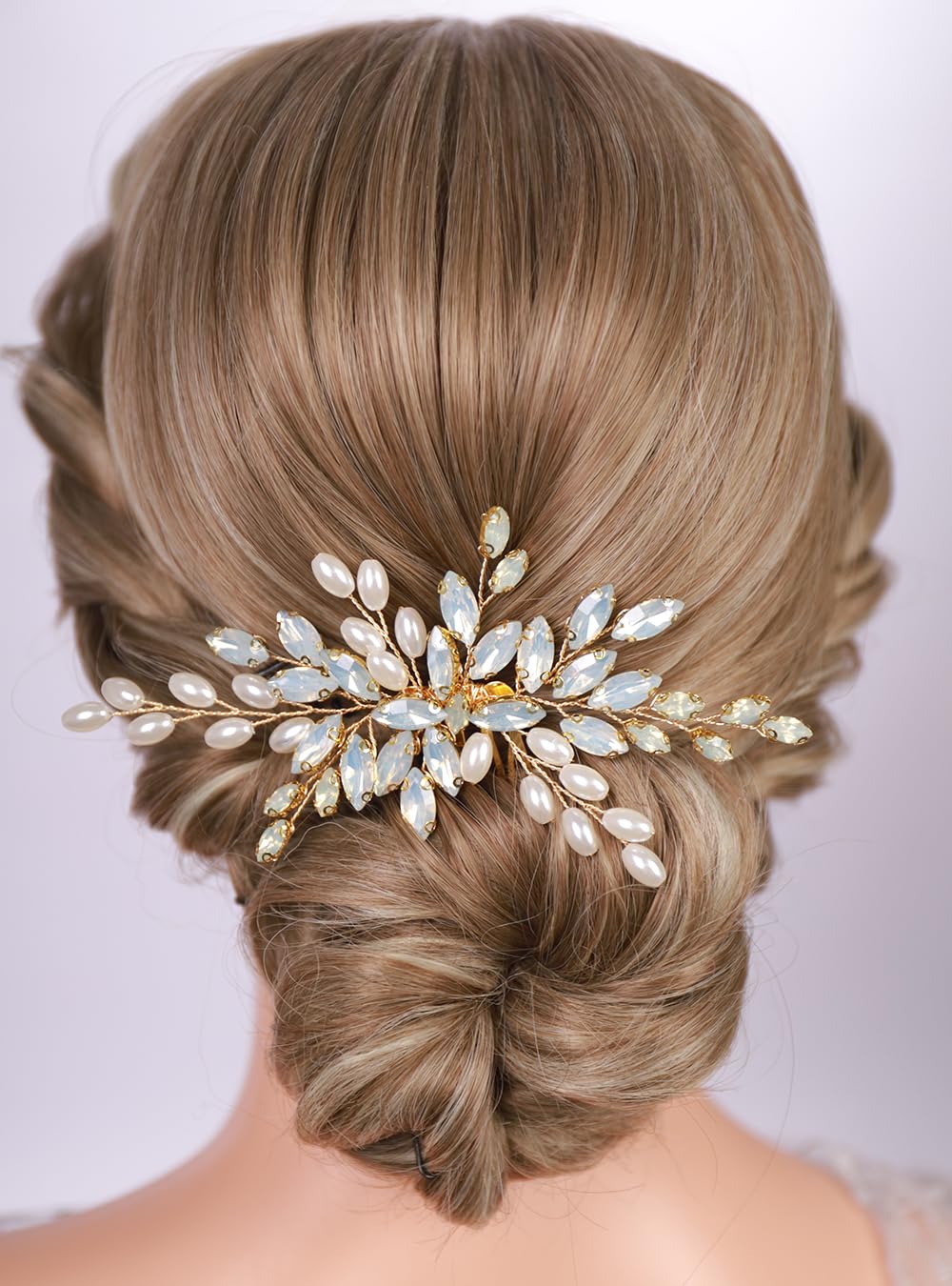 Light Blue Opal Crystal Gold Hair Comb with Pearl Beads Wedding Brida Hair Jewelry Handmade Boho Hair Piece (Opal)