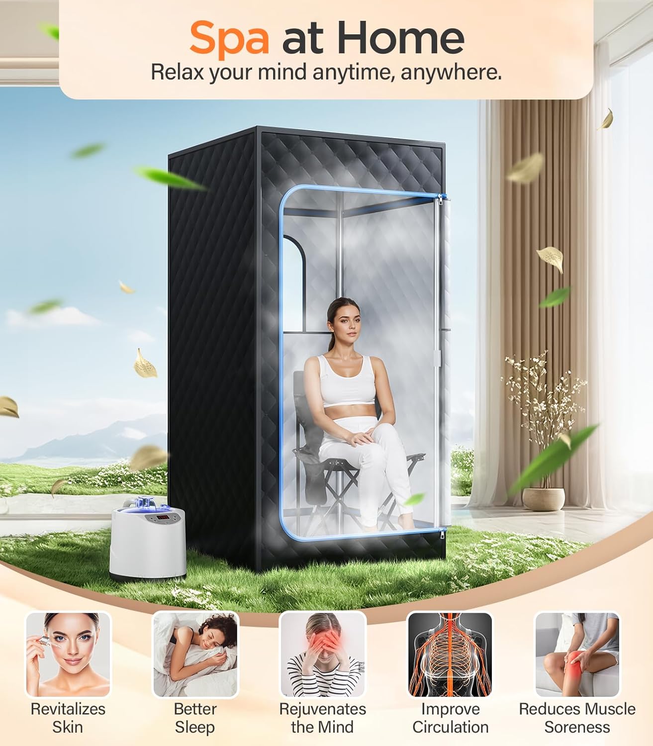Portable Sauna for Home, Personal Portable Steam Sauna Tent with 1200W 3L Steamer Heater, 15 Levels, Remote Control, Foldable Chair, Cozy Big Size 36 * 36 * 71 inches