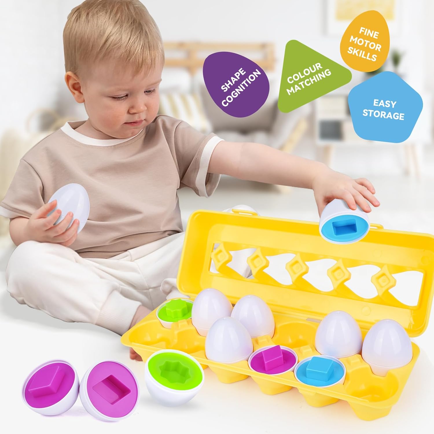 Matching Eggs - Color & Shape Recoginition Sorting Puzzle Toys for Toddlers 1-3, Easter Travel Game Early Learning Educational Fine Motor Skill Montessori Gift for Year Old Kids Baby Toddler Boy Girl