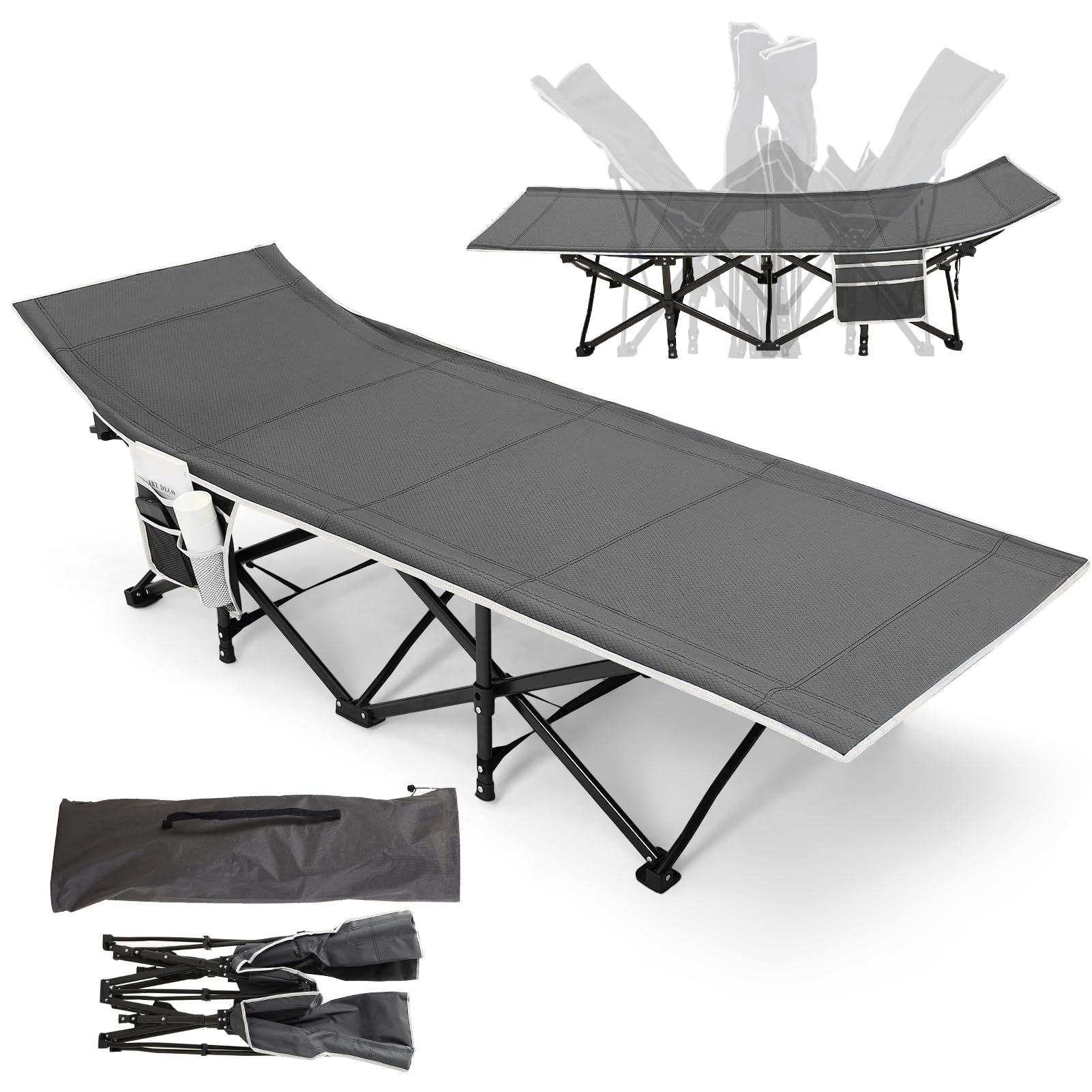 Warmiehomy Folding Camp Cot for Adults with Side Pocket, Double Layer 1200D+600D Oxford Cloth Fold out Bed with Carry Bags, XXL Oversized Portable Travel Bed for Hiking, Truck, Beach, Nap (Grey)