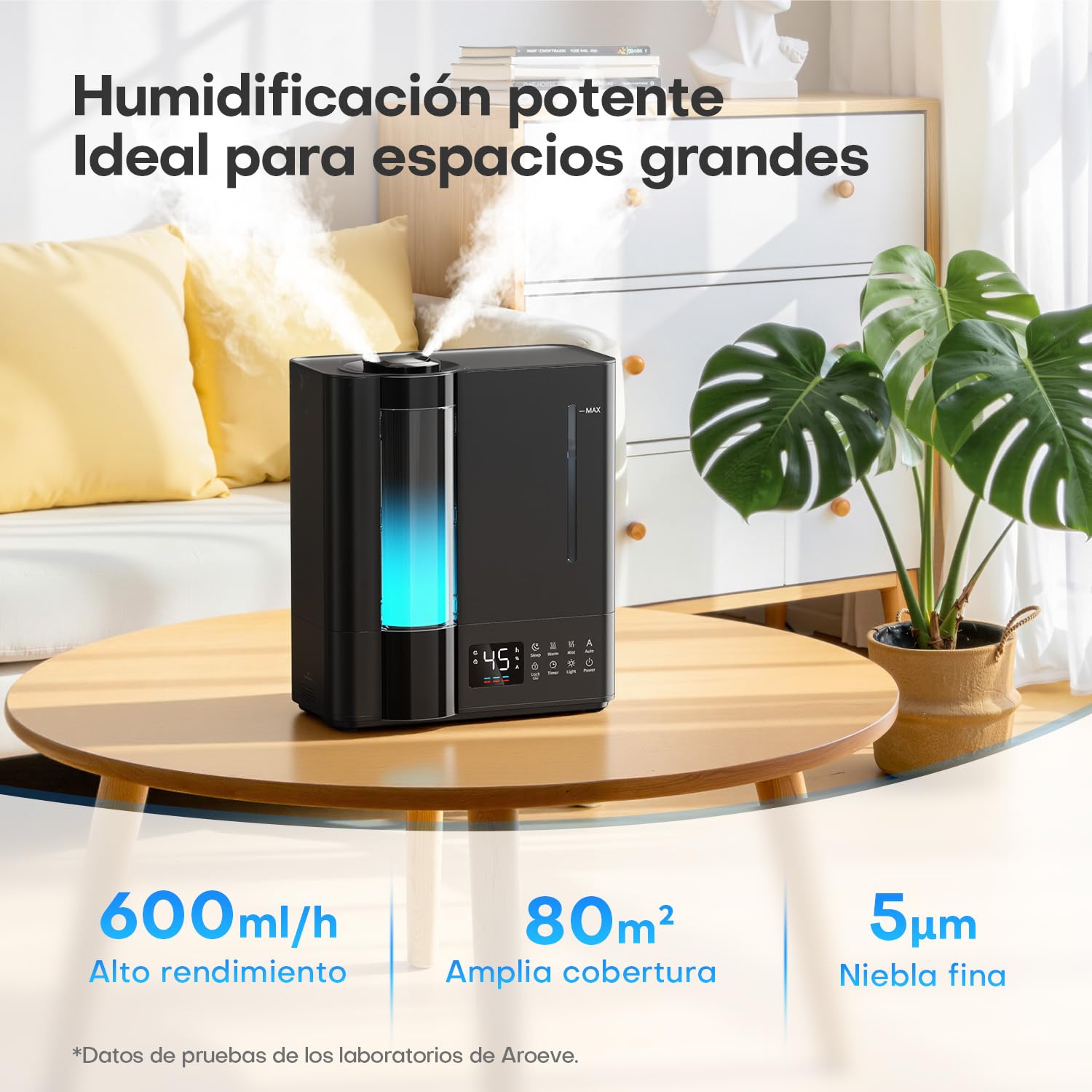 AROEVE Humidificador de Aire 8L, Ultrasónico Frío y Caliente, Sensor Humedad, 60H Silencioso