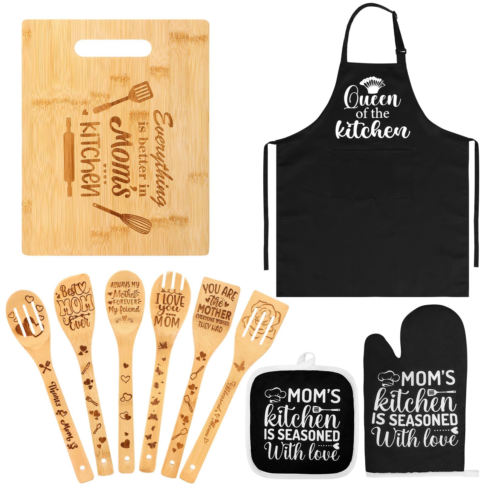 Regalos de cocina para mamá, regalos para el día de la madre de parte de la hija, ideas de regalo de cumpleaños para mamá con tabla de cortar, cucharas de madera, delantales, guantes de horno, soporte
