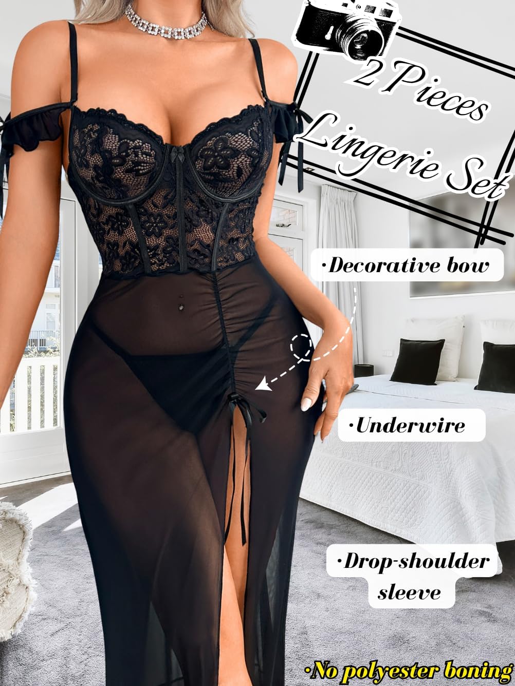 Sheer Mesh Lingerie Dress, Lace High Slit Ruffle, Valentines Day, Sexy Date Night G String Nightgowns Bow - Image 2