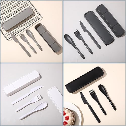 Vista 28 de Yahenda Juego de 28 utensilios de viaje reutilizables con estuche, cubiertos de paja de trigo, cuchara, cuchillo, tenedor, vajilla, fiambrera