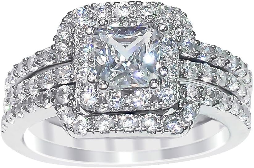 Sterling Silver Princess Cut Cubic Zirconia Engagement Ring Wedding Band Set (9)
