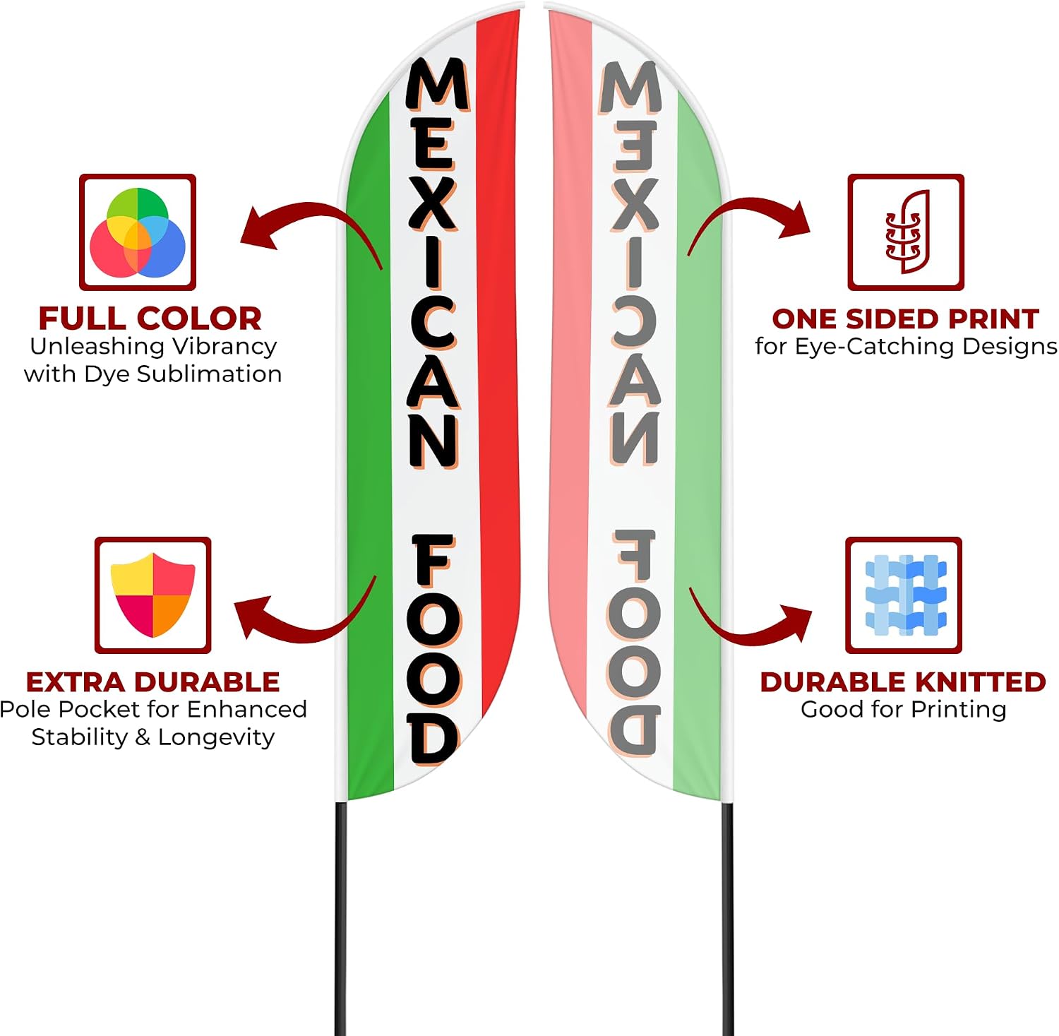Mexican Food Sign Feather Flag for Outdoor 11.5 FEET Long Polyester Outdoor Banner Flag for Easy Hang | HD Print Swooper I Flag Only for Food Advertising | Made in USA I Flag Only