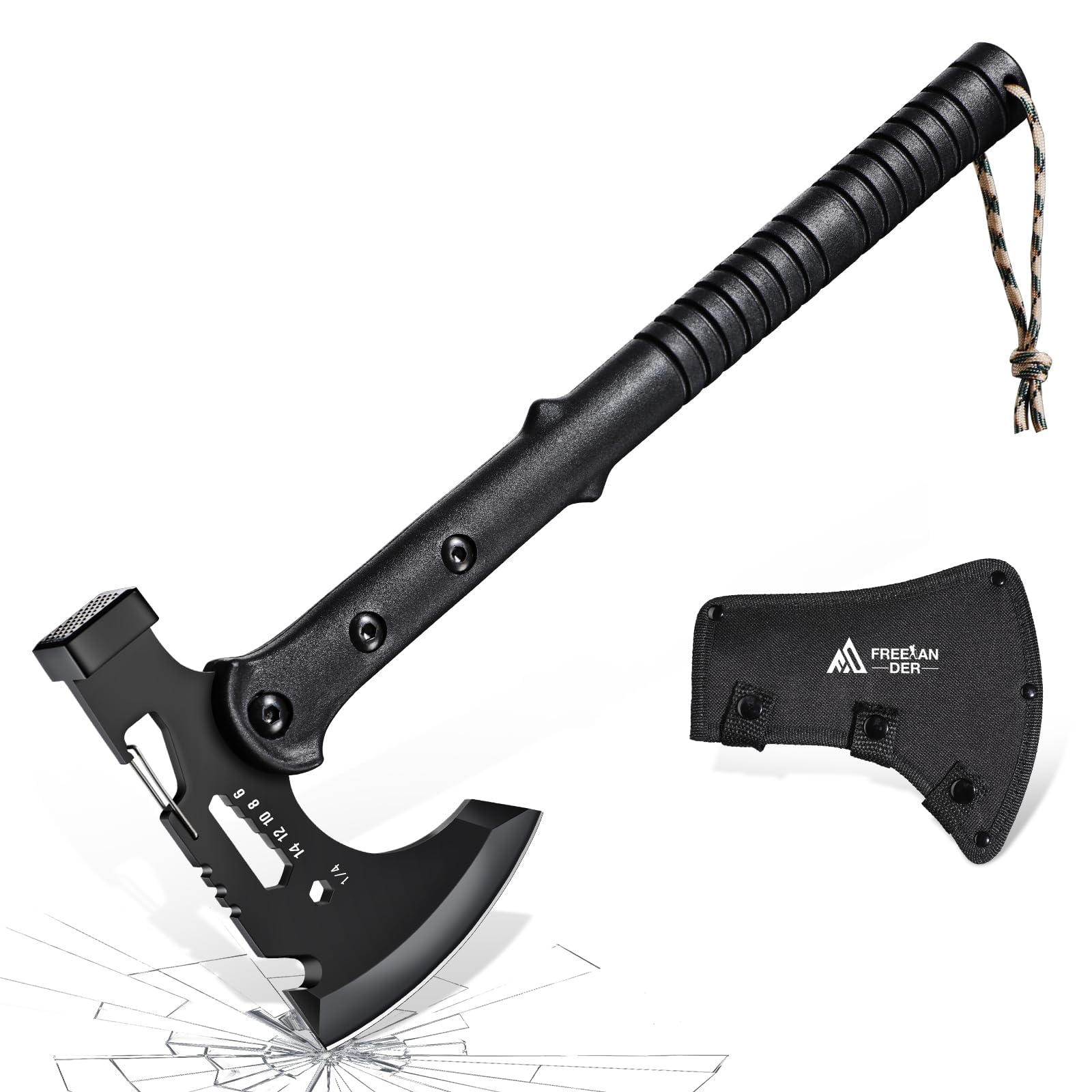 Freelander Camping Axe with Sheath, Sharp Tactical Hatchet Axe with Clip and Bottle Opener, Multi-Functional Hammer Tactical Tomahawk, Survival Tomahawk Axe for Camping (Black, 15 Inch)
