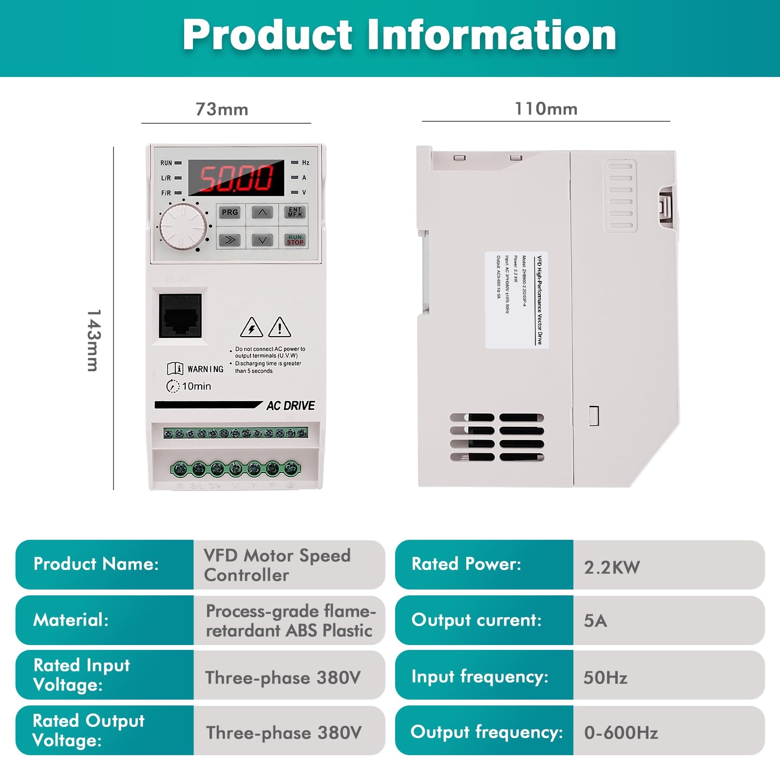 Inverter per Motori trifase 380V 2.2KW VFD Azionamento a frequenza variabile ingresso e uscita trifase 380V Regolatore convertitore di frequenza CNC ZHB600-2.2KW con cavo prolungatore 2M