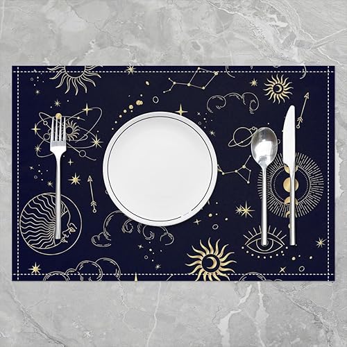 Miniatura 2 de Juego de 4 manteles individuales bohemios para mesa de sol, luna, estrellas y galaxia estrellada con purpurina dorada, 12 x 18 pulgadas para mesa de