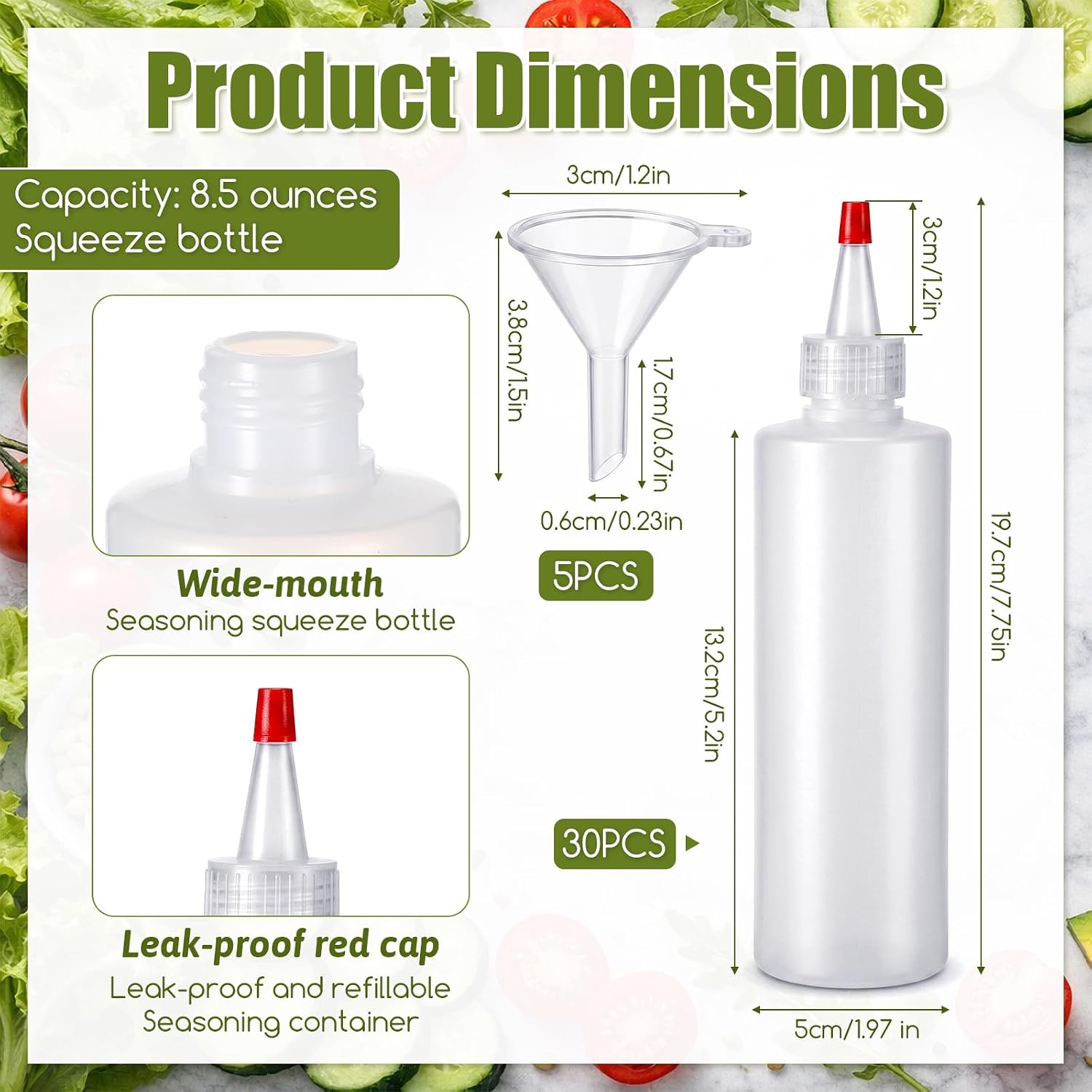 30 Pcs 8.5 oz Clear Plastic Condiment Squeeze Bottles with Red Tip Cap Multipurpose Squirt Bottles, Empty Leak Proof, with 5 Funnels, for Ketchup Condiments Olive Oil BBQ Sauce