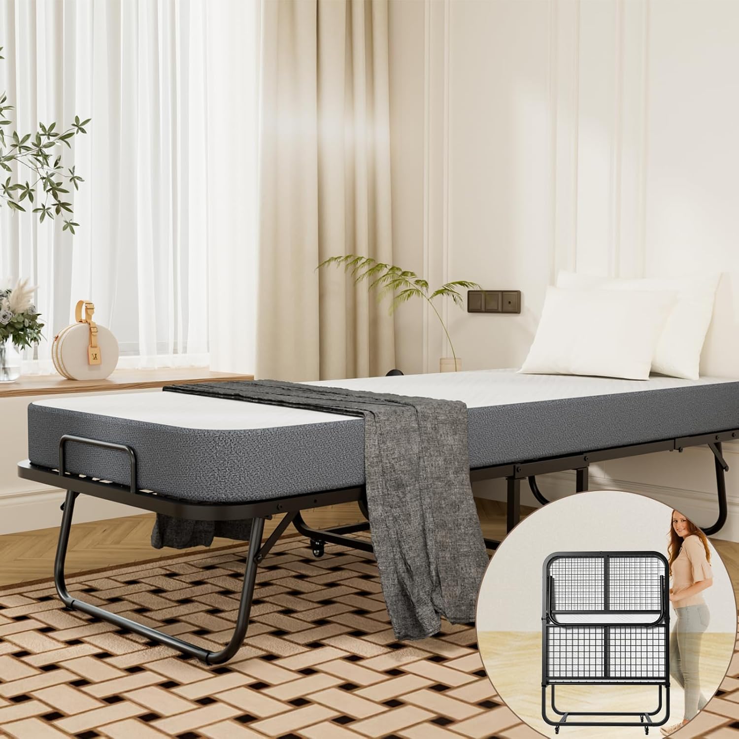 Portable Folding Bed.Folding Guest Bed with Memory Foam Mattress, Portable & Space-Saving Solution for Adults, Includes Storage Cover，（Single）