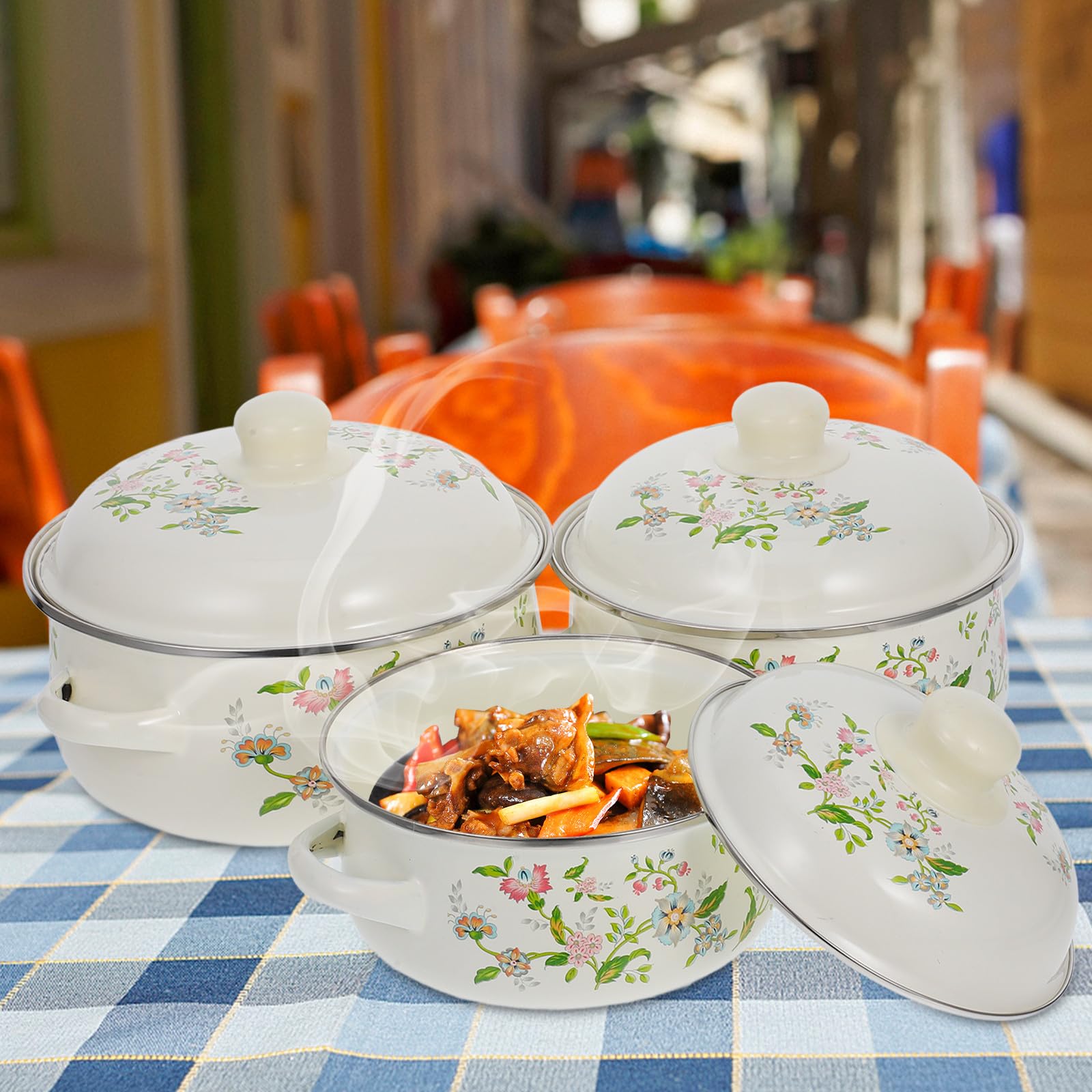 Operitacx Set 3 Pentole Smaltate con Coperchio, Pentola per Brodo a Fuoco Lento con Doppie Maniglie, Pentola per Zuppa d'Epoca Floreale, Dimensioni 16-18-20 Cm per Cucina e Stufa