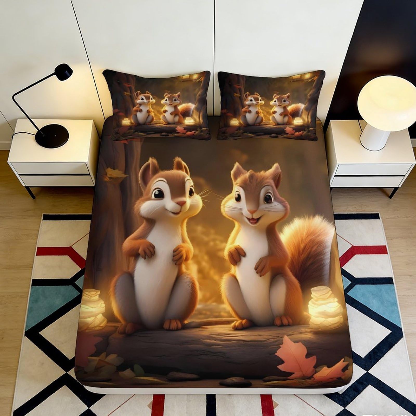 3D Printed Cartoon Squirrel Fitted Sheet Microfiber Soft Autumn Forest Bed Sheet for Bedroom Guest Room Decor 90x200x25cm