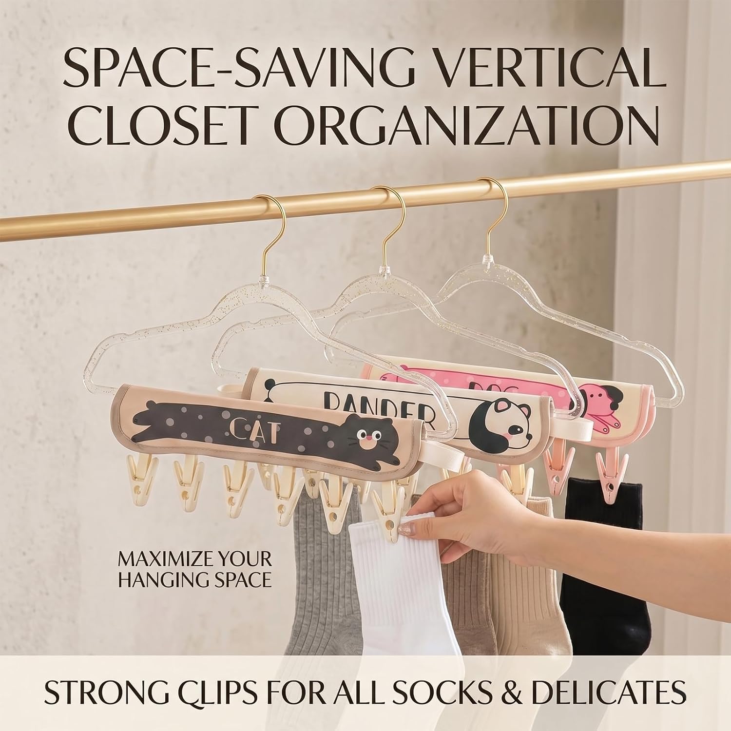 4 Pack Fabric Travel Hangers Foldable - Portable Hanging Clothes Drying Rack w/ 6 Clips - Oxford Clothespins Hanger for Socks Underwear Towel - Cruise Dorm RV Essentials (Panda Cat Dog Bear)