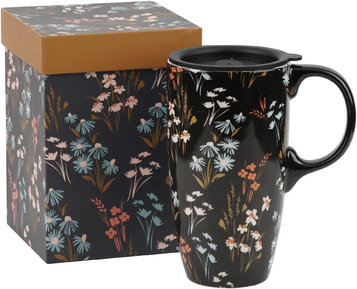 DUSVALLY Ceramic Coffee Mug Travel Cup with Lid and Handle, Reusable 17 Oz Ceramic Latte Teacup in Color Box, Suitable for Car Cup Holder, Black Flower - Image 8