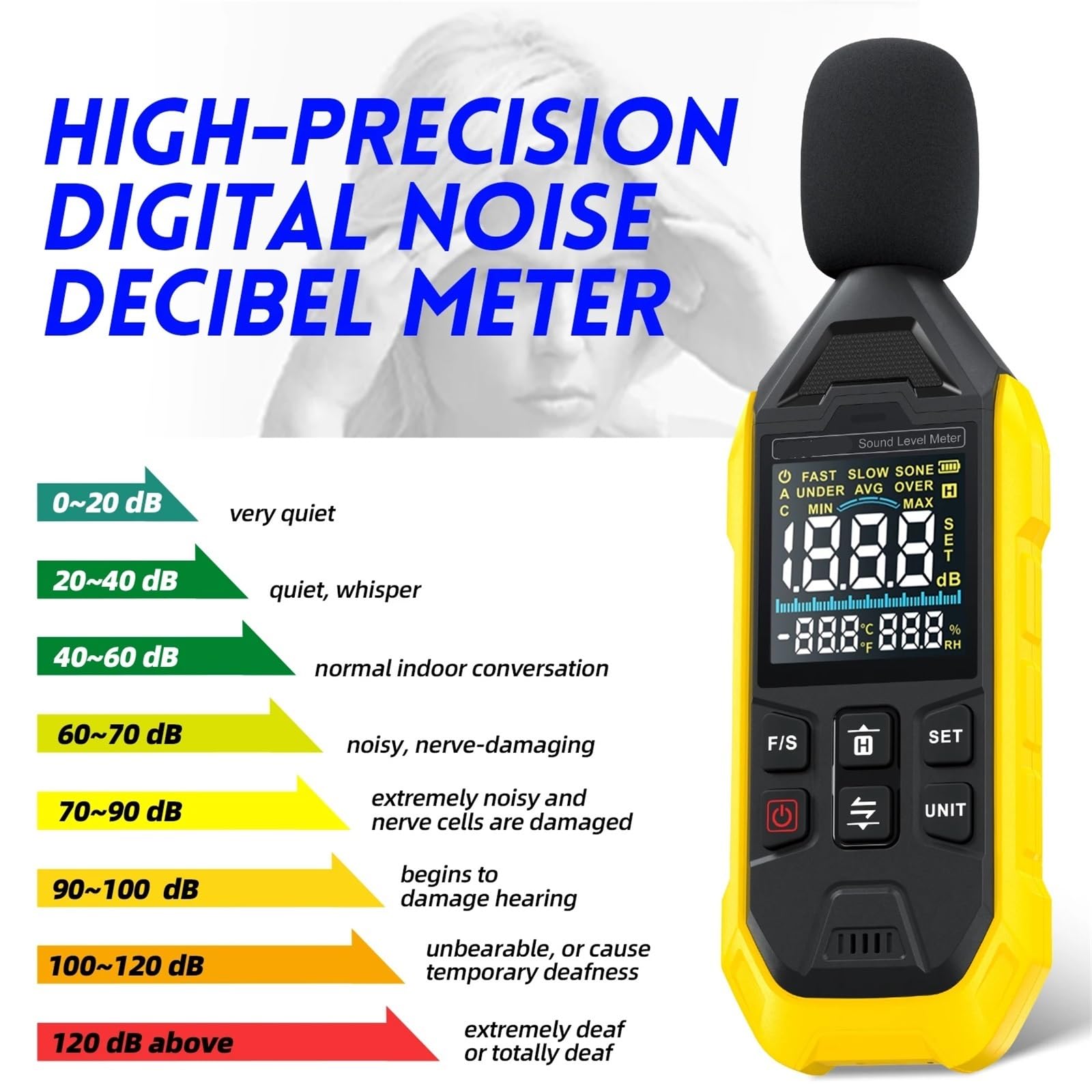 Medidor de decibelios digital, probador de nivel de sonido de peso de 30~130 dB A con termómetro e higrómetro