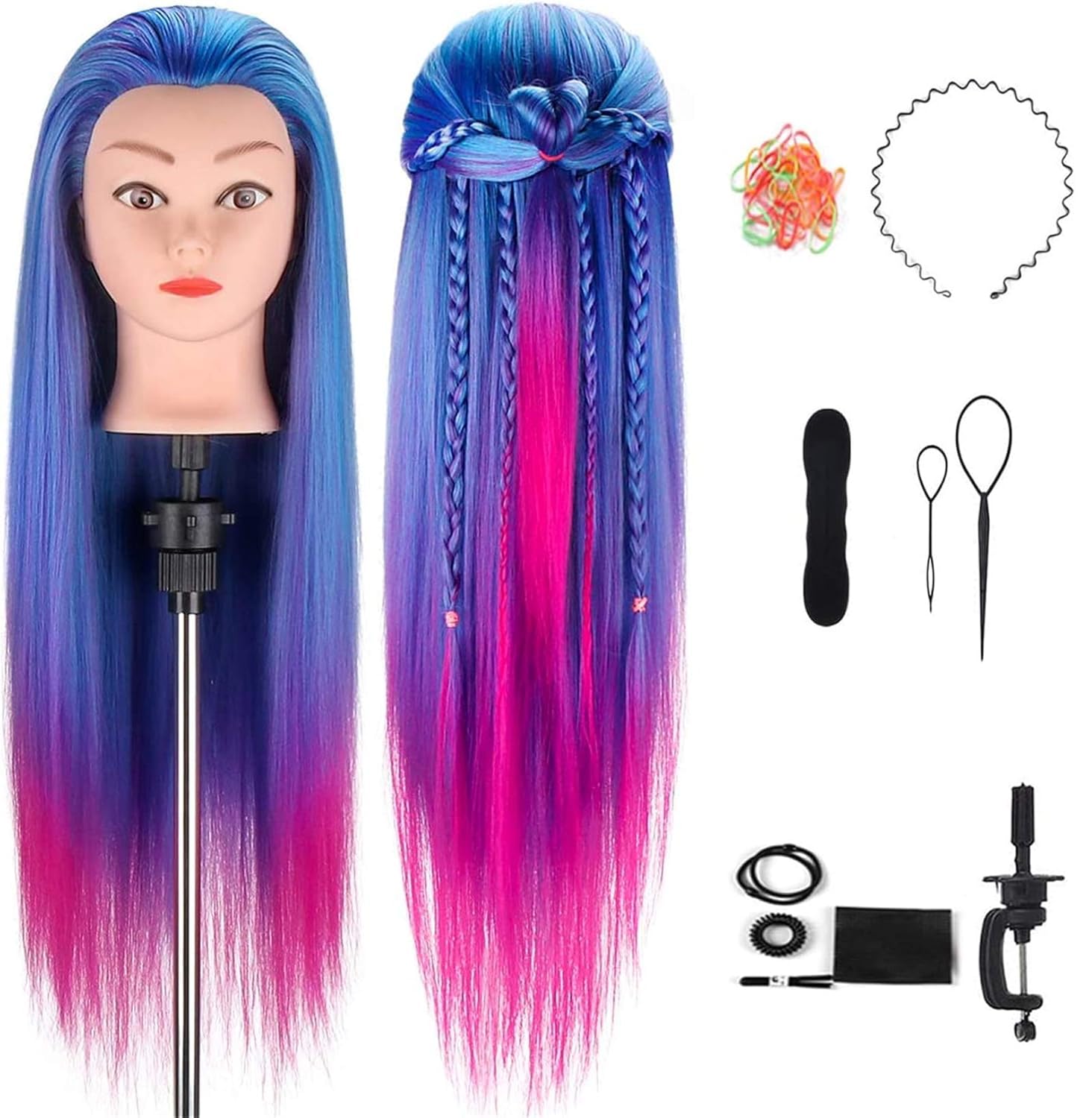 Styling Head, Hairdressing Training Mannequin Head - TwoWin Fantastic Colorful Manikin Cosmetology Doll Head, 100% Quality Synthetic Fiber Hair Hairdressing Training Model with Free Clamp