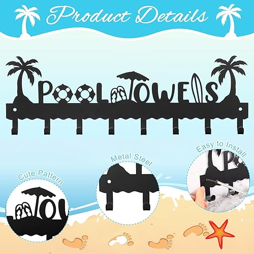 Miniatura 3 de Capoda Toallero de piscina de metal, para colgar en la pared, toallero de playa, toallero de verano con 8 ganchos para almacenamiento de toallas de