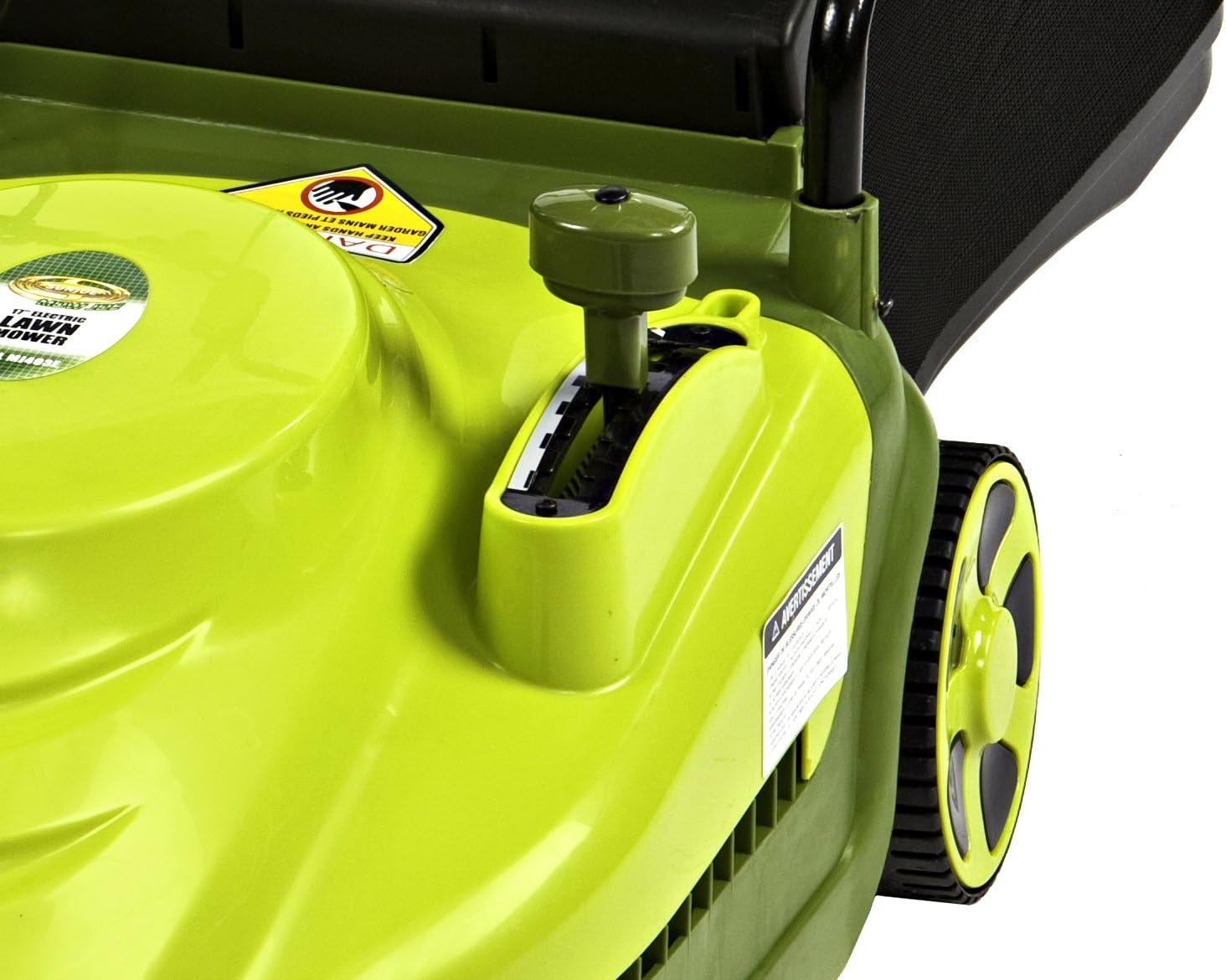 Close-up of Sun Joe MJ403E height adjustment lever