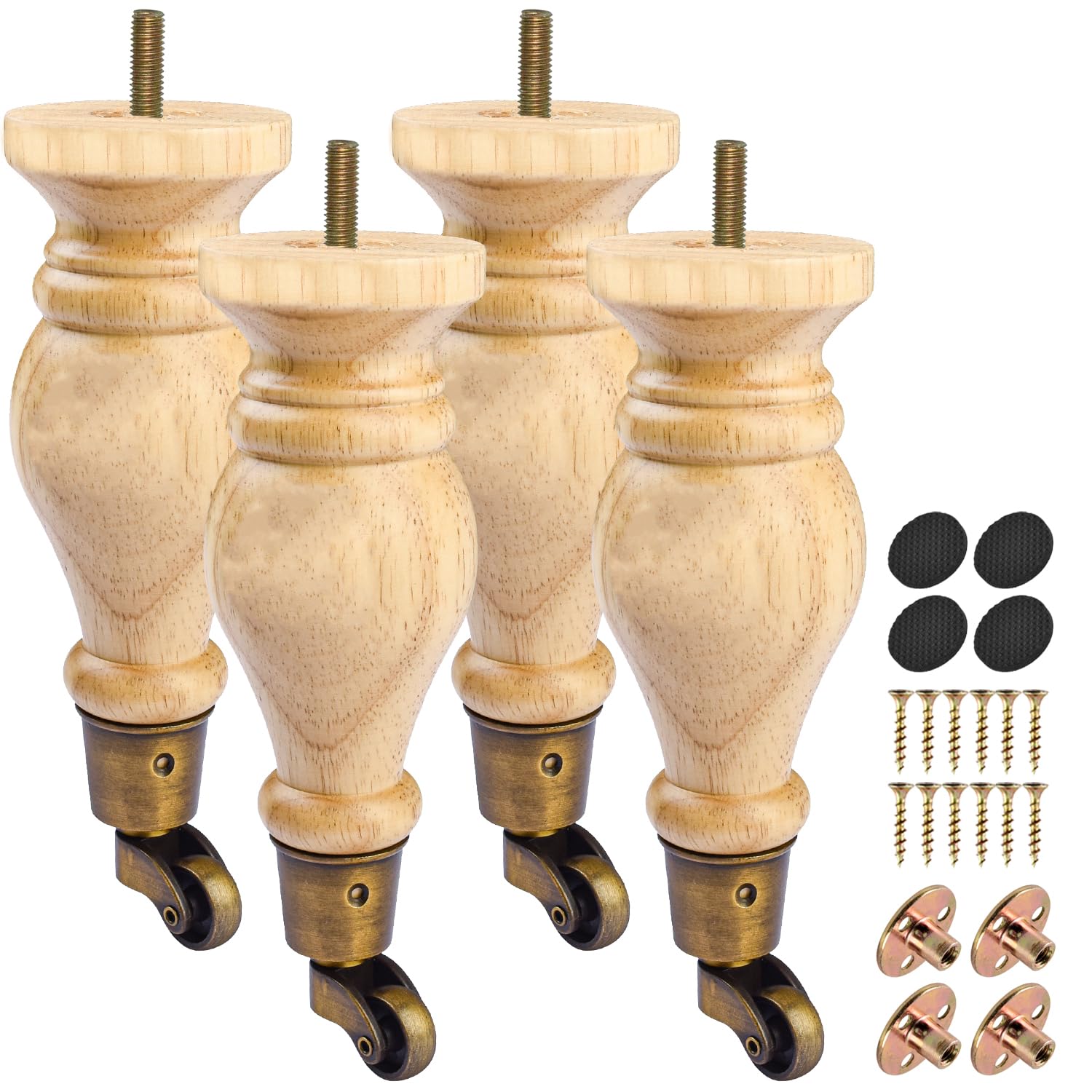 La Vane 8 Inch (20cm) Solid Wood Furniture Legs - 4Pcs Wooden Black Turned Spool Bun Feet With M8 Bolt, Extra Wide 3.5"(9cm) Diameter & Superior Strength For Dresser, Sofa, Cabinet, Sideboard