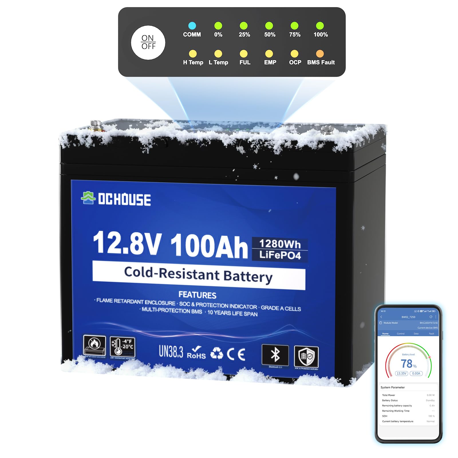DC HOUSE 12V 100AH Cold-Resistant Lithium Trolling Motor Battery w SOC Status Indicators L-Temp Discharge Down to -22