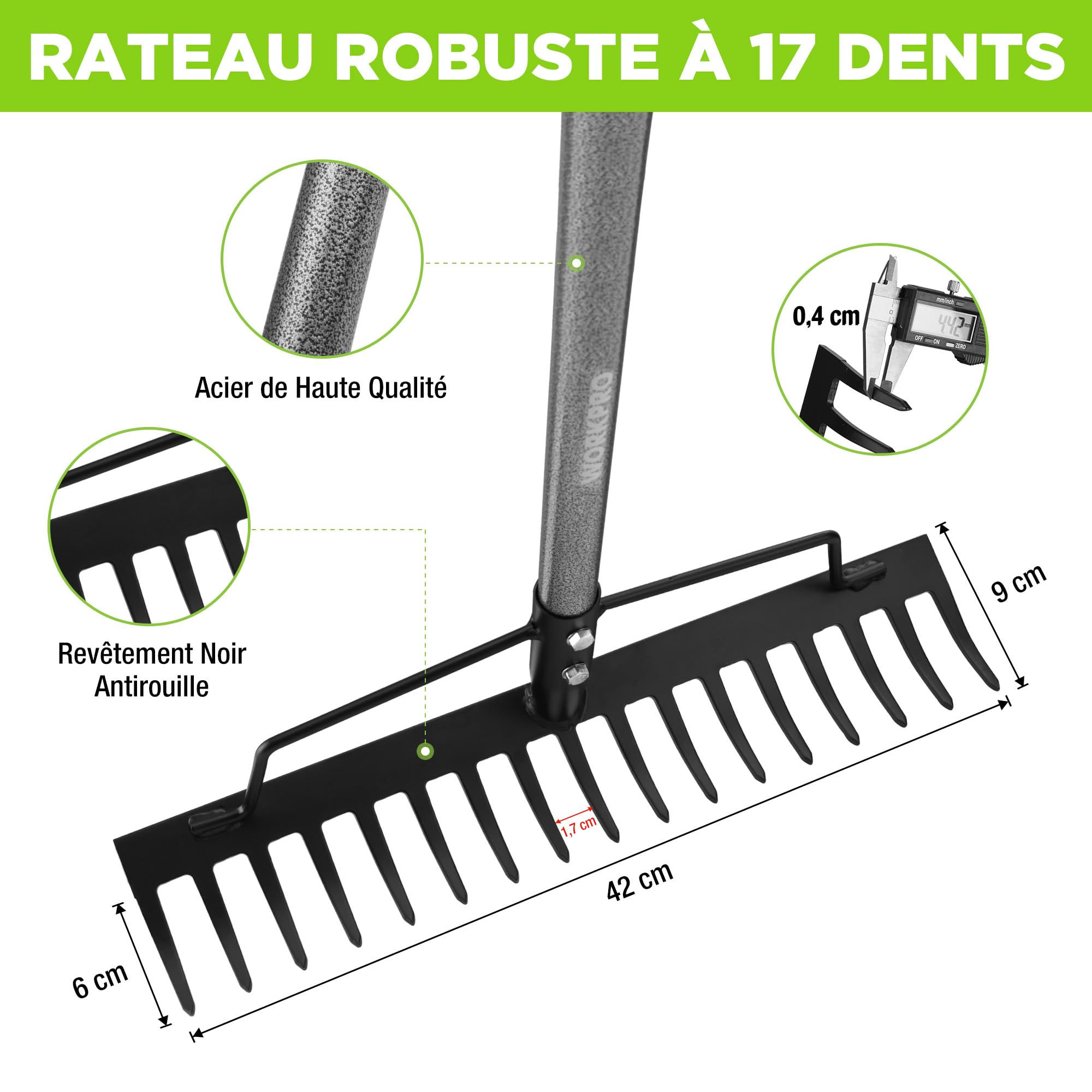 WORKPRO Râteau Robuste, Râteau Arceau 165 cm, Râteau de Jardin 17 Dents en Acier, Outil de Jardin avec Manche Réglable et Démontable, pour Ameublir Le Sol, Ramassage des Feuilles, Nivelage de Pelouse