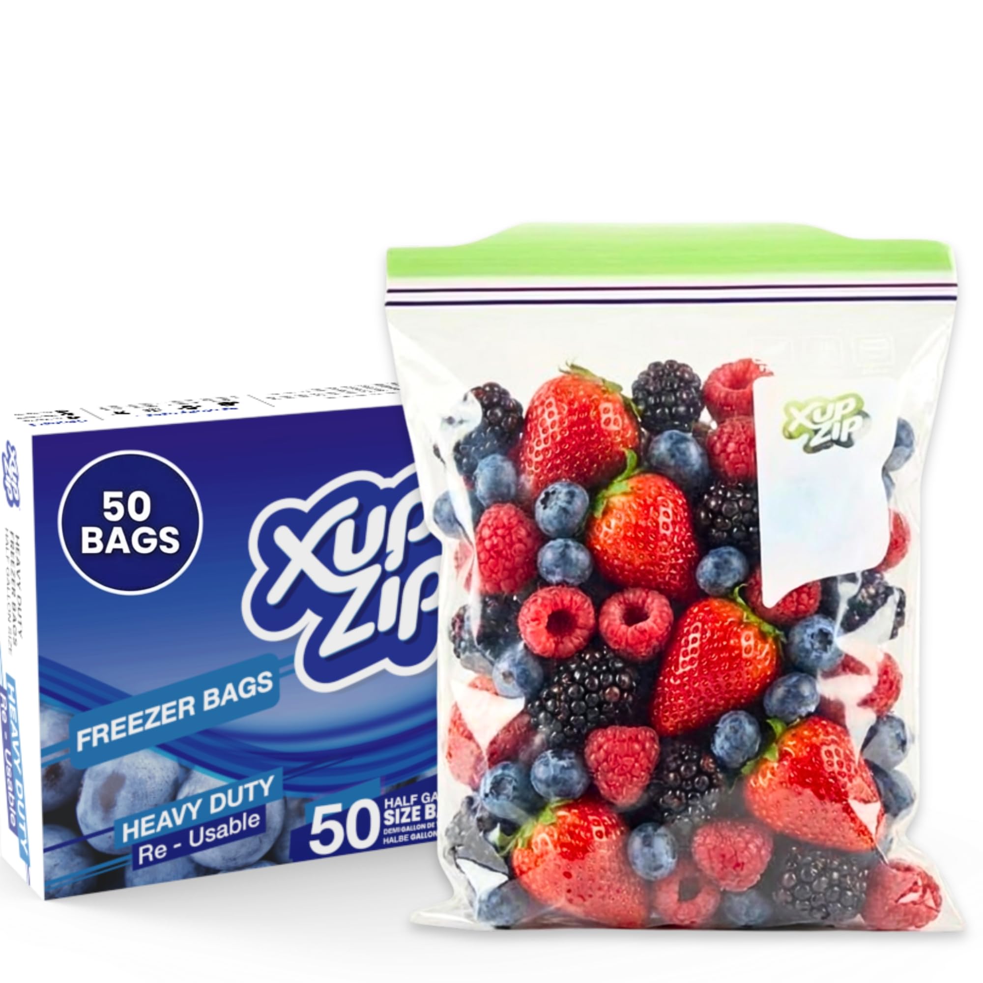 XupZip 2-in-1 Large Freezer Bags with Airtight & Leakproof Bamboo Seal – 2.27L (UK Half Gallon Size) Reusable Food Bag with Expandable Bottom – Heavy-Duty Zip-Lock Bags, 50 Pcs