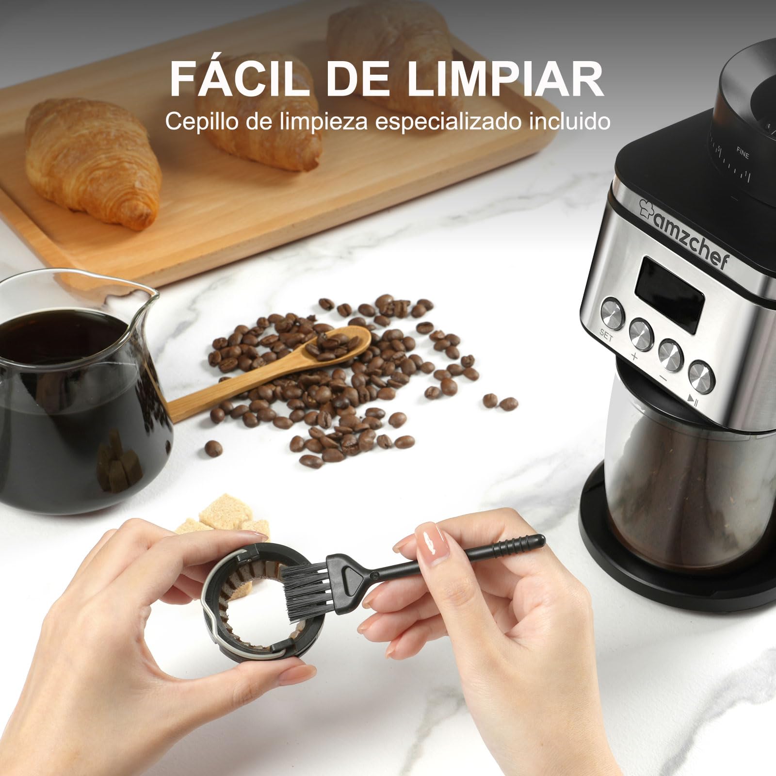 AMZCHEF Molinillo Cafe Electrico 160W | 30 Ajustes de Molido Grueso a Fino | 1-12 Tazas o Hasta 40 Segundos | Molinillo Café de Fresas | Capacidad de 300 g | Pantalla LCD y Temporizador Digital