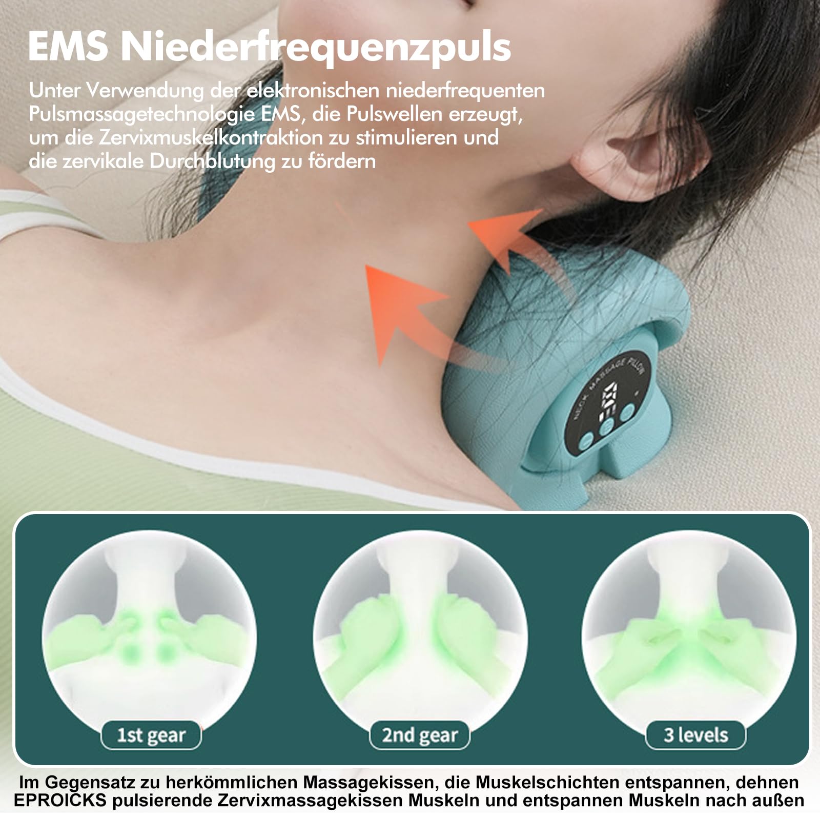 Nackenmassagegerät mit Wärme, EMS Massagegerät Nacken Kabelloses Massagekissen mit Konstanter Temperatur, 3 Modi, 6 Einstellbare Frequenzen für Nacken zur Schmerzlinderung