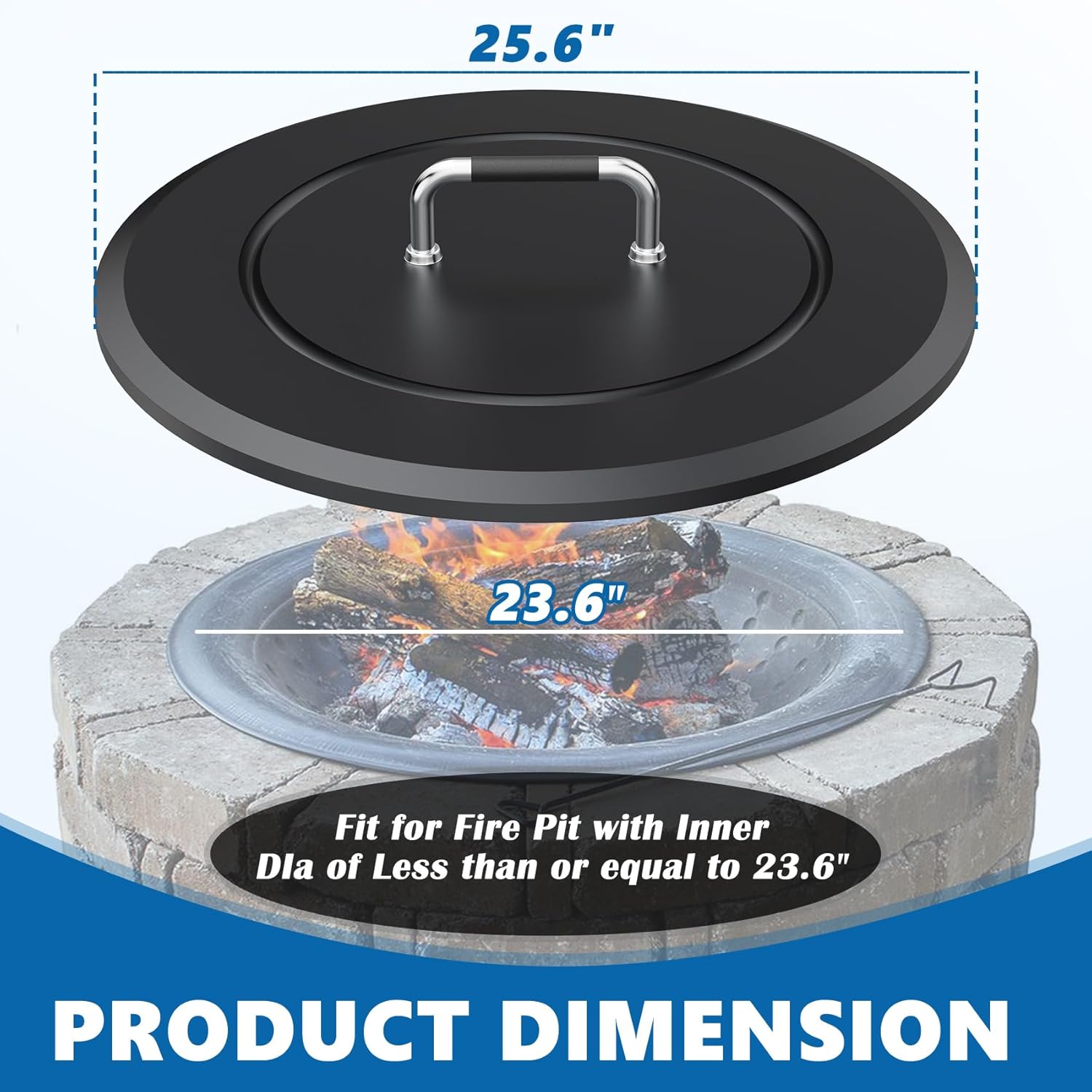 SafBbcue Fire Pit Lid Round 25.6" for Patio Outdoor Firepit, Metal Fire Pits Cover Round for Firepit Accessory, Firepits Metal Lid with Handle, Outdoor Bonfire Accessories, All-Season Protective