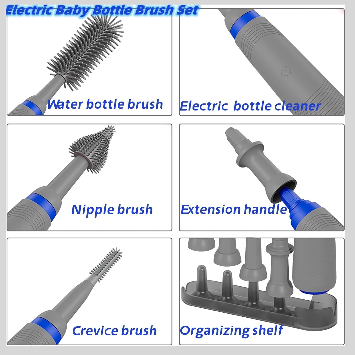 Electric Baby Bottle Cleaner with Drying Rack, Silicone Bottle Brush Set, Easy-Grip Handle, Rechargeable/Waterproof Spinning Brush, Grey - Image 3