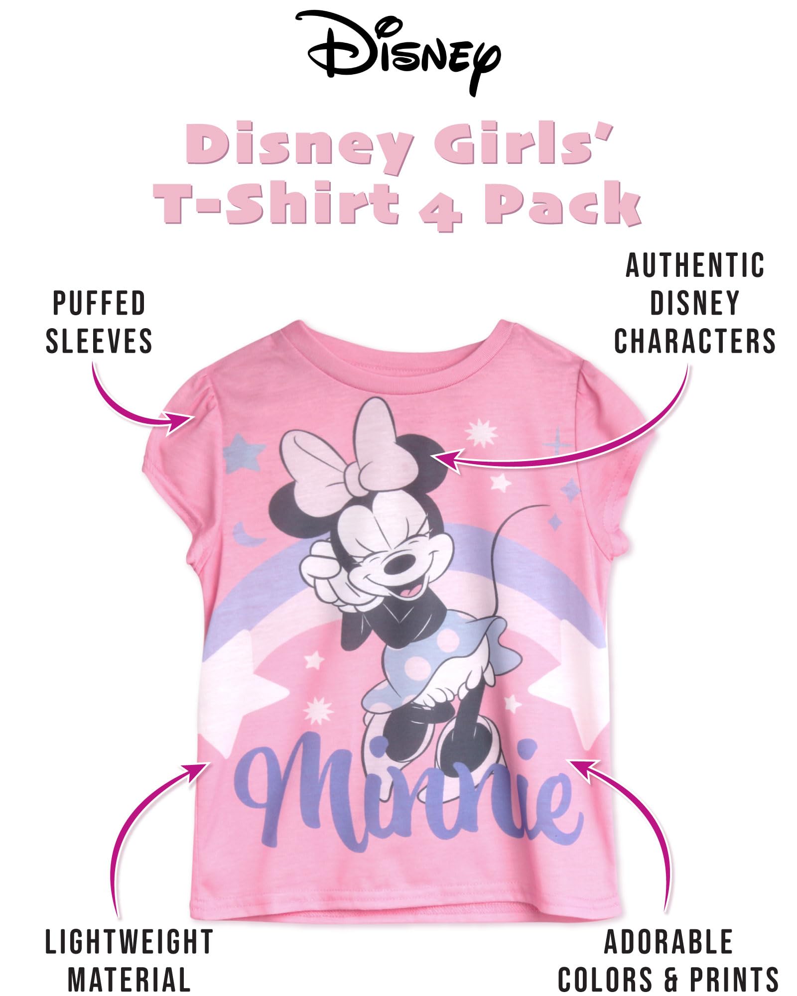 Disney Minnie Mouse koszulki księżniczki z krótkim rękawem, koszulki z grafiką dla małych dzieci i małych dzieci (rozmiar 2T-7)