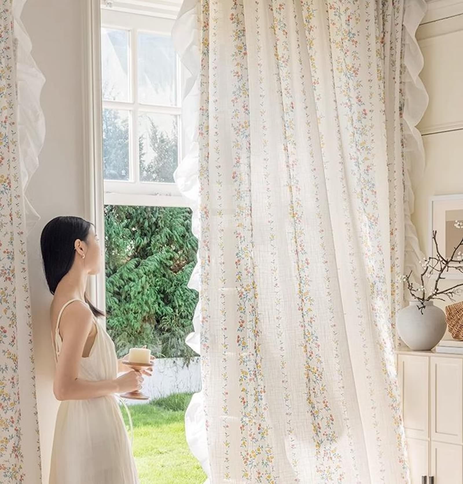 Epinki Voilage Chambre Fleur Imprimé avec Volants Coloré en Polyester 107 x 147 cm Lot de 2 Rideaux Salon à Oeillets
