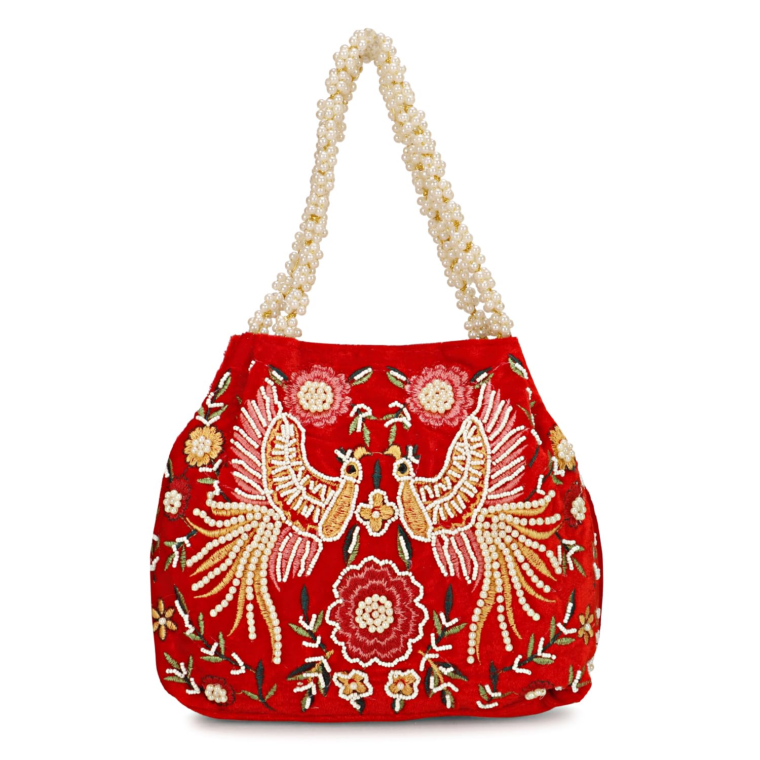 Suman EnterprisesIndian Ethnic Clutch Silk Potli Batwa Pouch Bag with Beadwork Gift For Women (Red-07777)