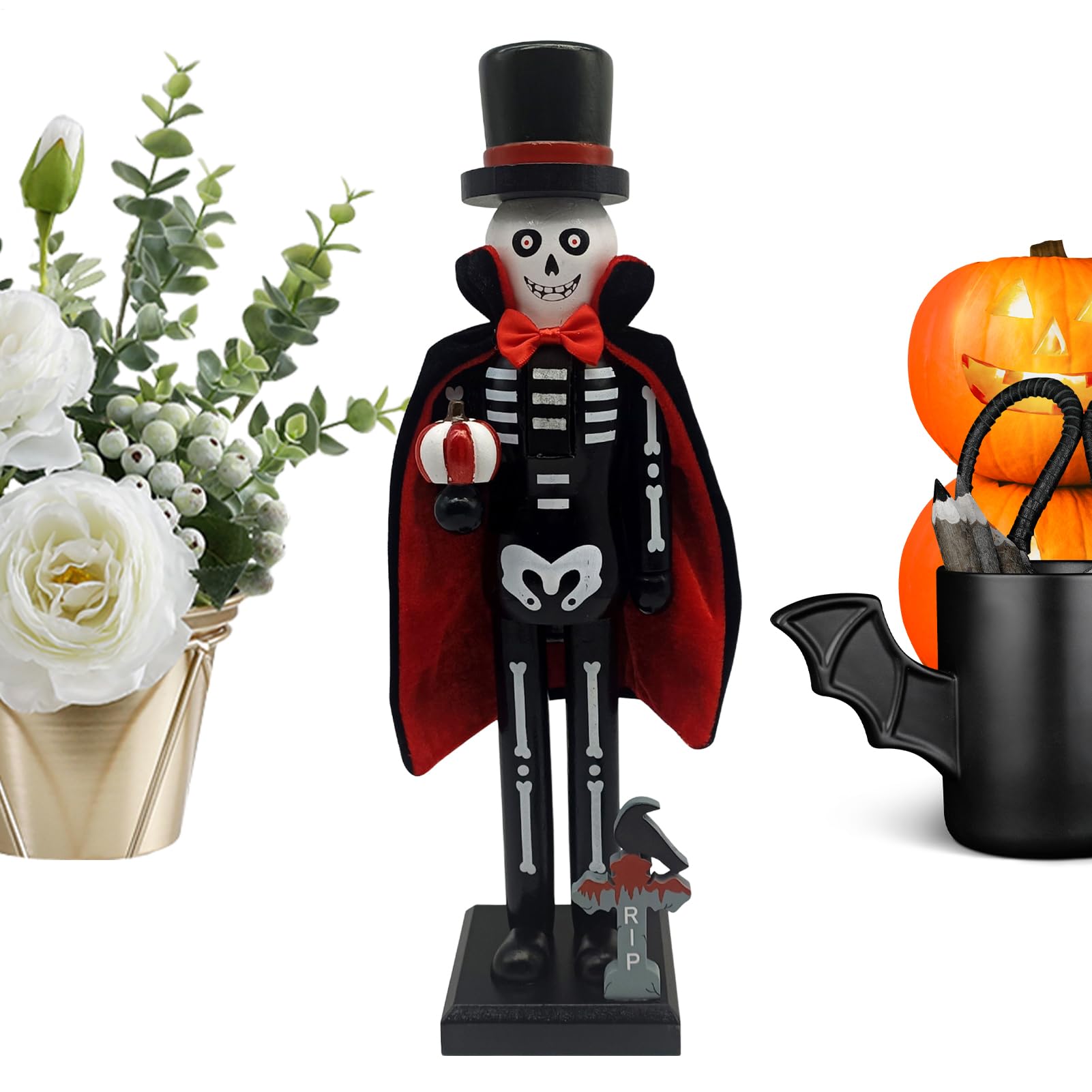 Casse-Noisette Halloween Teksome en bois : figurine vampire et squelette pour table et cheminée