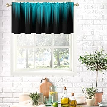 AAtter Teal and Black Kitchen Valance, Ombre Rod Pocket, 52" W x 18" L | Turquoise Modern Window Curtain, Dark Abstract Striped, Cool Anime Gradient, Aqua Small Short Bathroom Drape, 1 Panel
