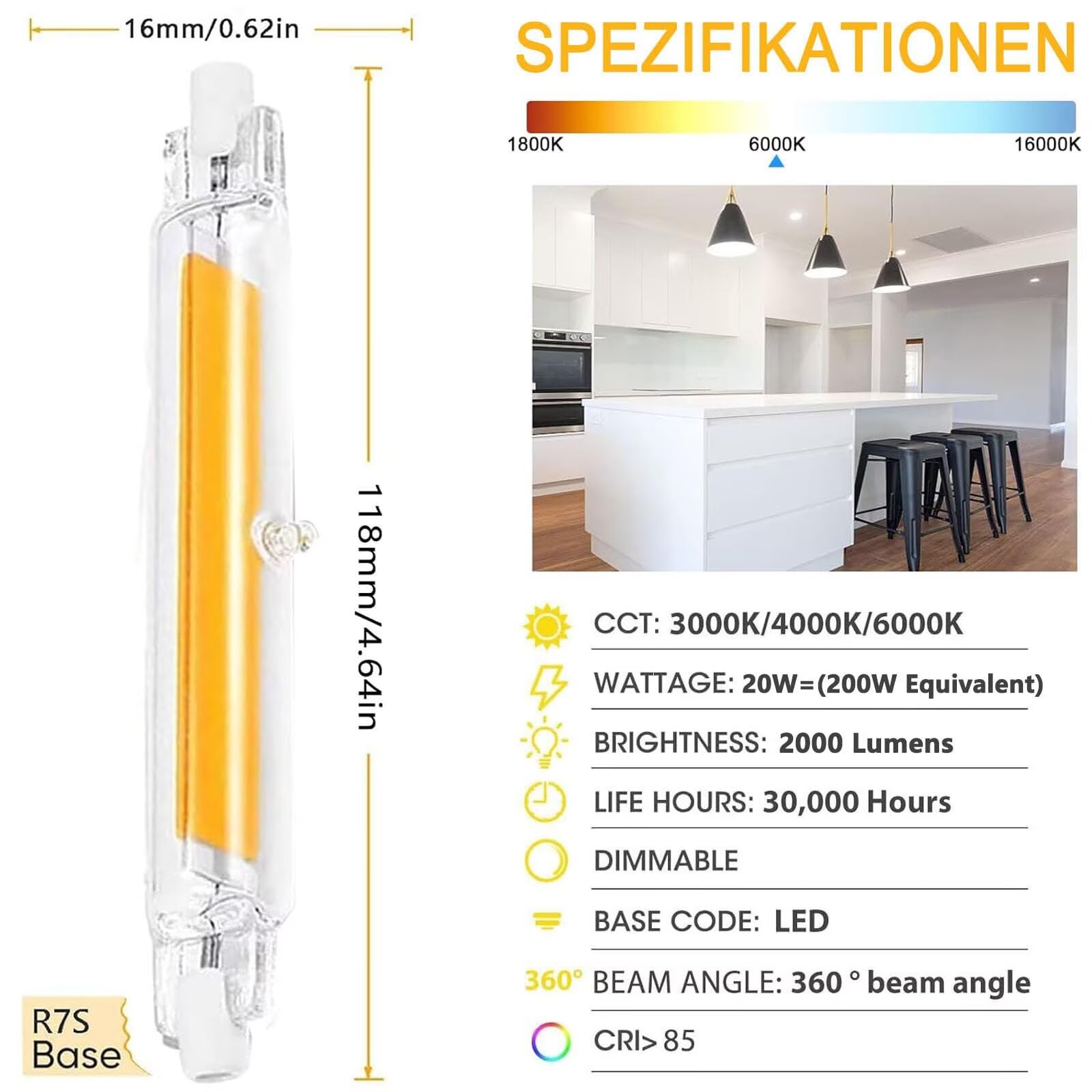 R7S-LED 118mm Dimmbar Glasröhre Glühbirne 15W 17W 19W 21W 23W 25W Ersatz für 150W 170W 190W 210W 230W 250W Halogen, Kaltweiß 6000K 2000LM, Kein Flackern, 360° Abstrahlwinkel, 6er Pack