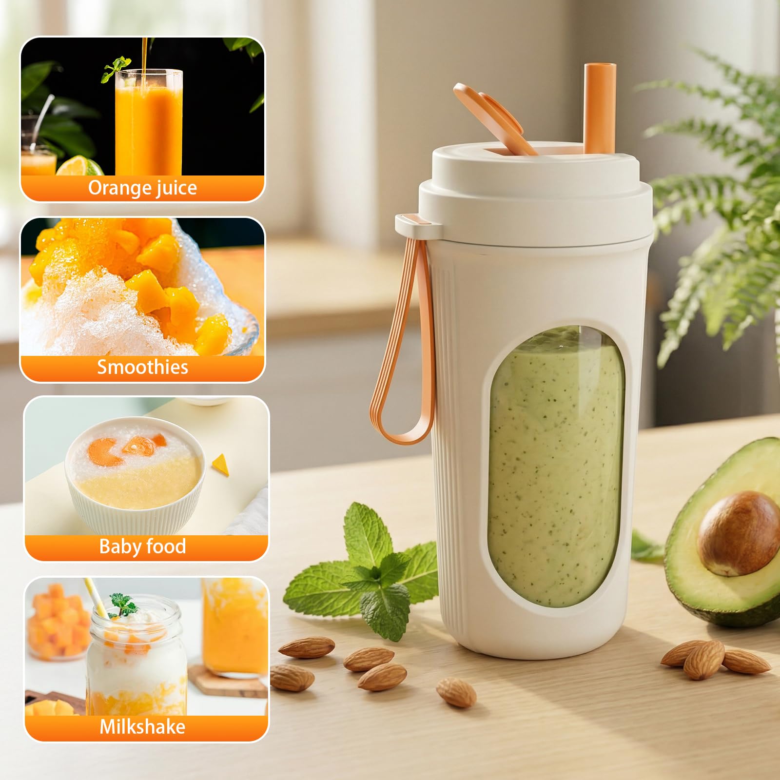 WGIDSKKI Batidora Portátil 450ml para Batidos, Mini Batidora Potente con 12 Cuchillas de Acero Inoxidable, Tapa Hermética y Recargable vía Type-C, Fitness y Hogar, Compacta, Sin BPA - Naranja — view 6