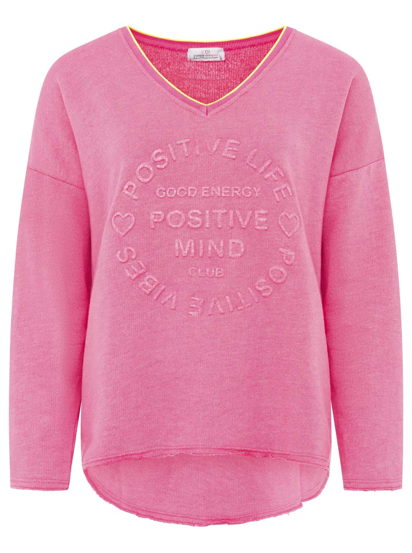 Zwillingsherz Damen Sweatshirt mit Schriftzug – Oversize Pullover aus Baumwolle – Langarmshirt mit V-Ausschnitt – Bequemes Freizeit Oberteil mit positiver Botschaft – Casual Look für Alltag