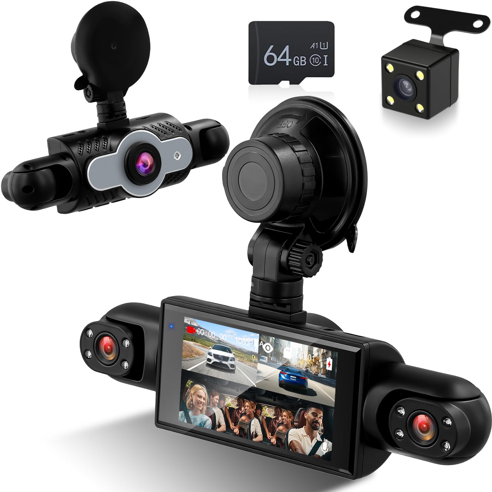 NHOPEEW 3 pollici 1080P 4 canali dash cam per auto, DVR 360°, Dash Cam con rilevamento del movimento, visione notturna, registrazione in loop e compensazione dell'esposizione