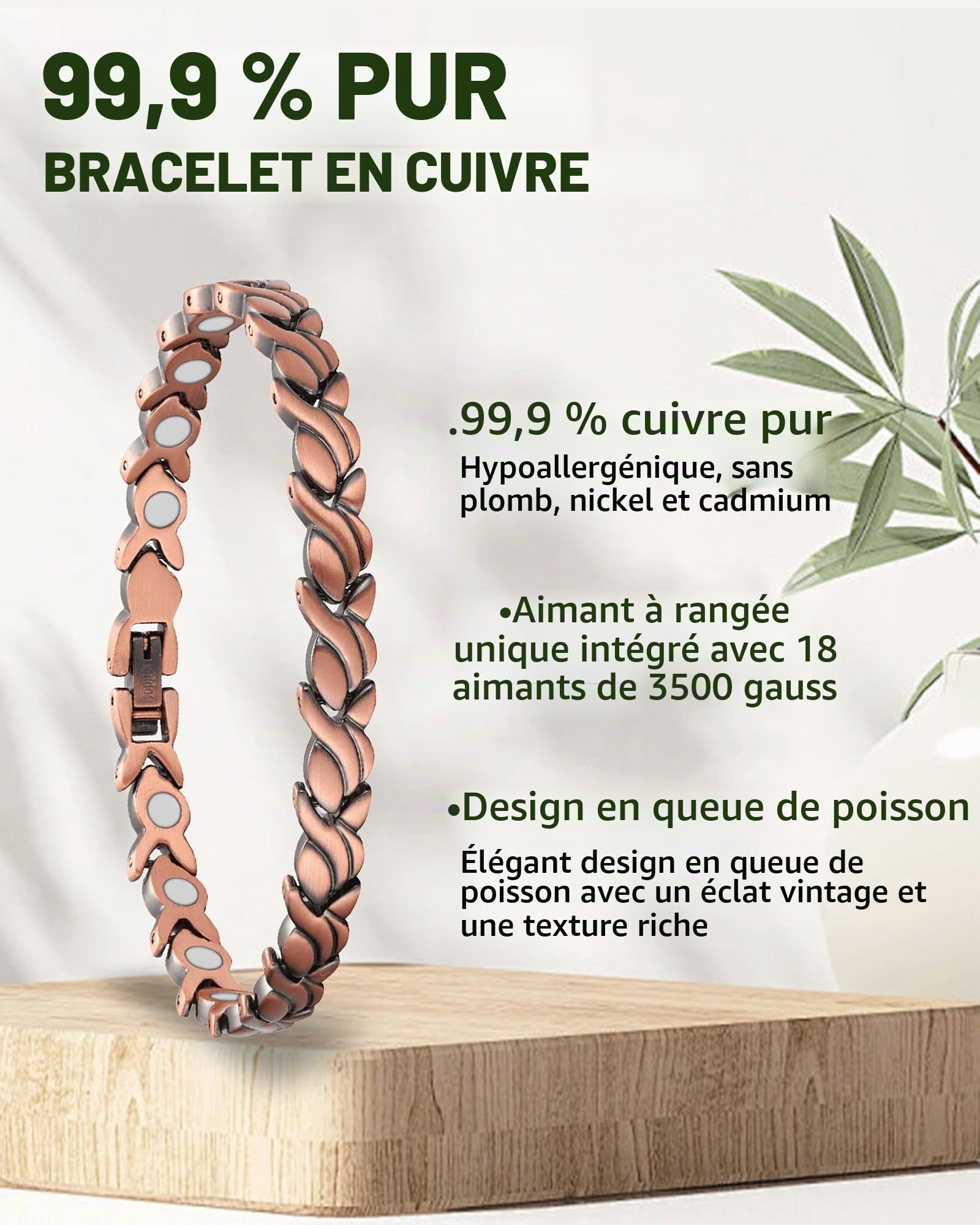 MagEnergy Bracelet en cuivre pur pour femme, bijou magnétique réglable avec motif queue de poisson, cadeau élégant à porter au quotidien