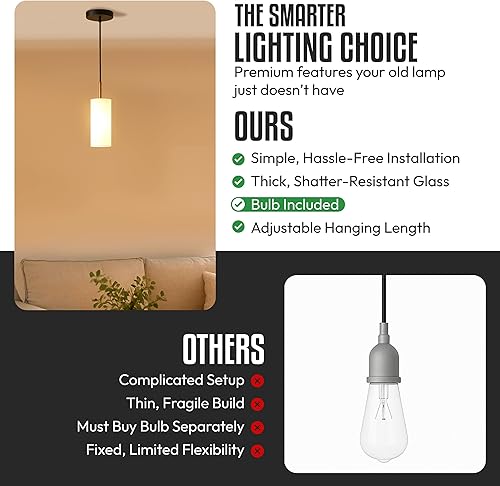 Miniatura 2 de Lámpara colgante negra de lujo con acabado dorado y altura ajustable, lámpara colgante de granja con vidrio duradero y bombilla blanca cálida para